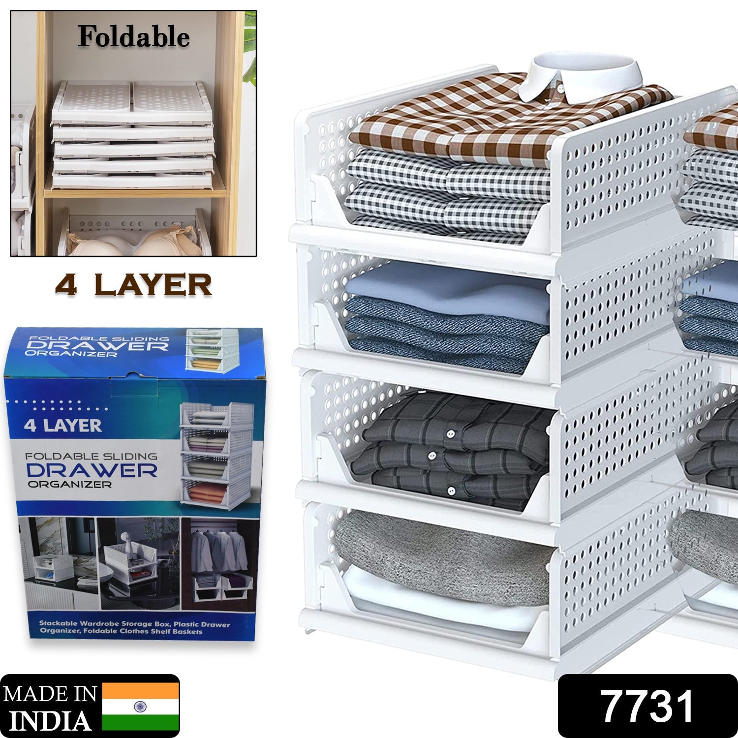 Clothes Organizer 4 layer Drawer for Wardrobe Cupboard Organizer for Clothes Foldable and Stackable Closet Organizer Drawer Organizer for Clothes Multi Purpose Plastic Drawer - Bhavnagar Deodap