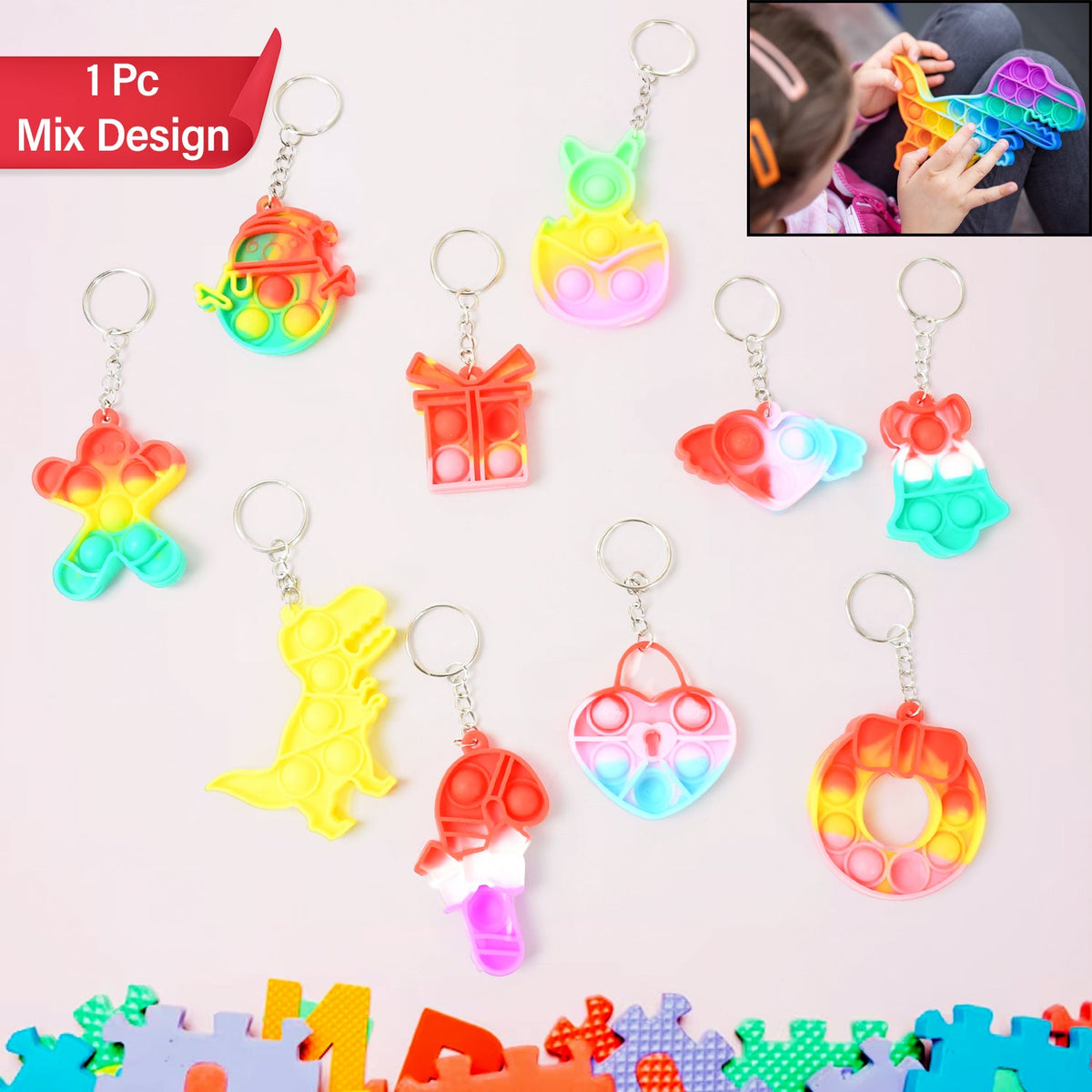 Compact Silicone Pop it Keychain Toy - Birthday Return Gift of Kids - Portable Bubble Popping Fun Stress Relief Fidget Toy (mix design | 1 Pc) - Bhavnagar Deodap