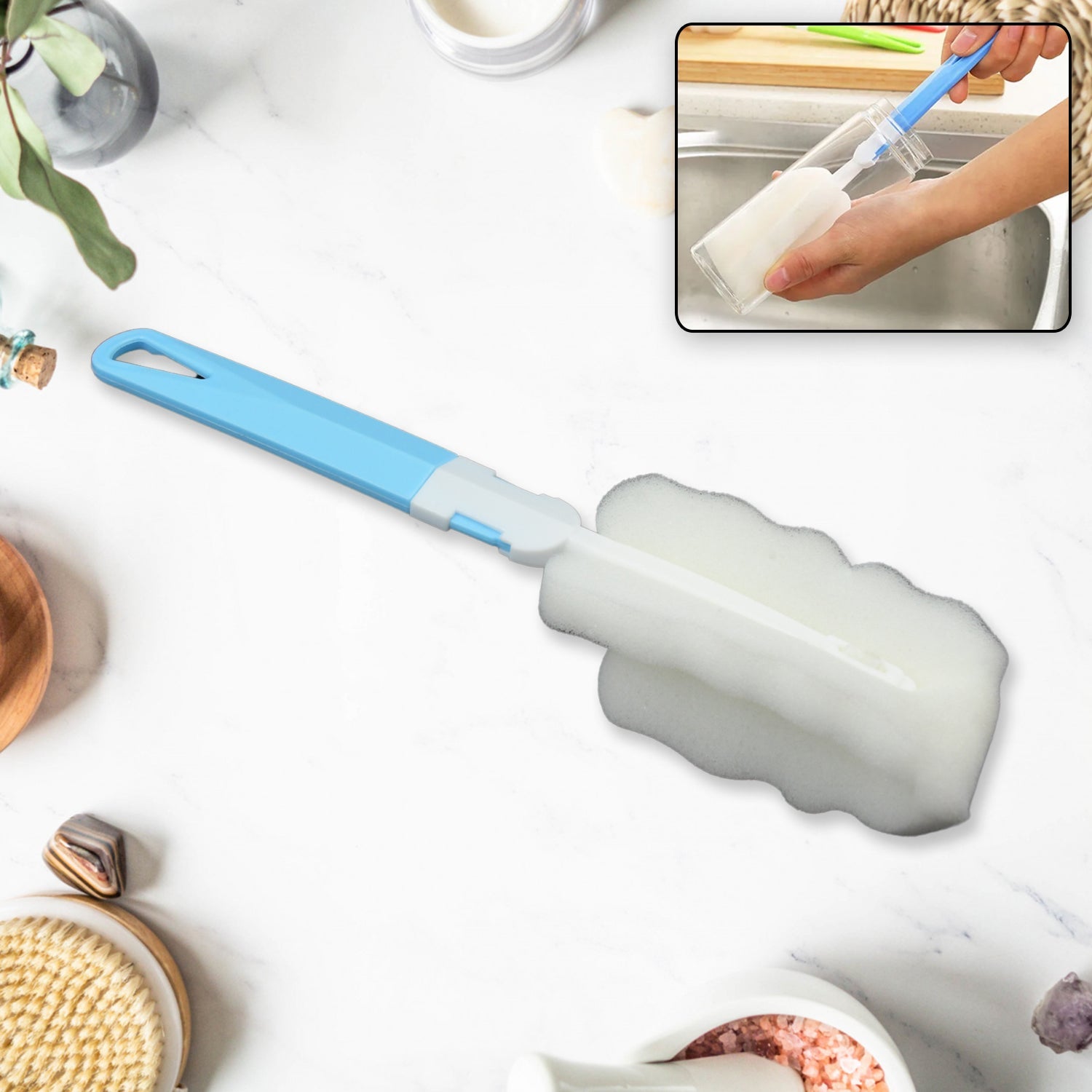 Sponge Cleaning Brush Kitchen Tool Bottle Soft Brush for Dishes| Cleaning Brush Cleaner with Plastic Long Handle, Soft Dish Washing Foam Cleaning Brushes For Cups Mugs Kettles Wine Glasses and Baby Bottles (1 Pc) - Bhavnagar Deodap