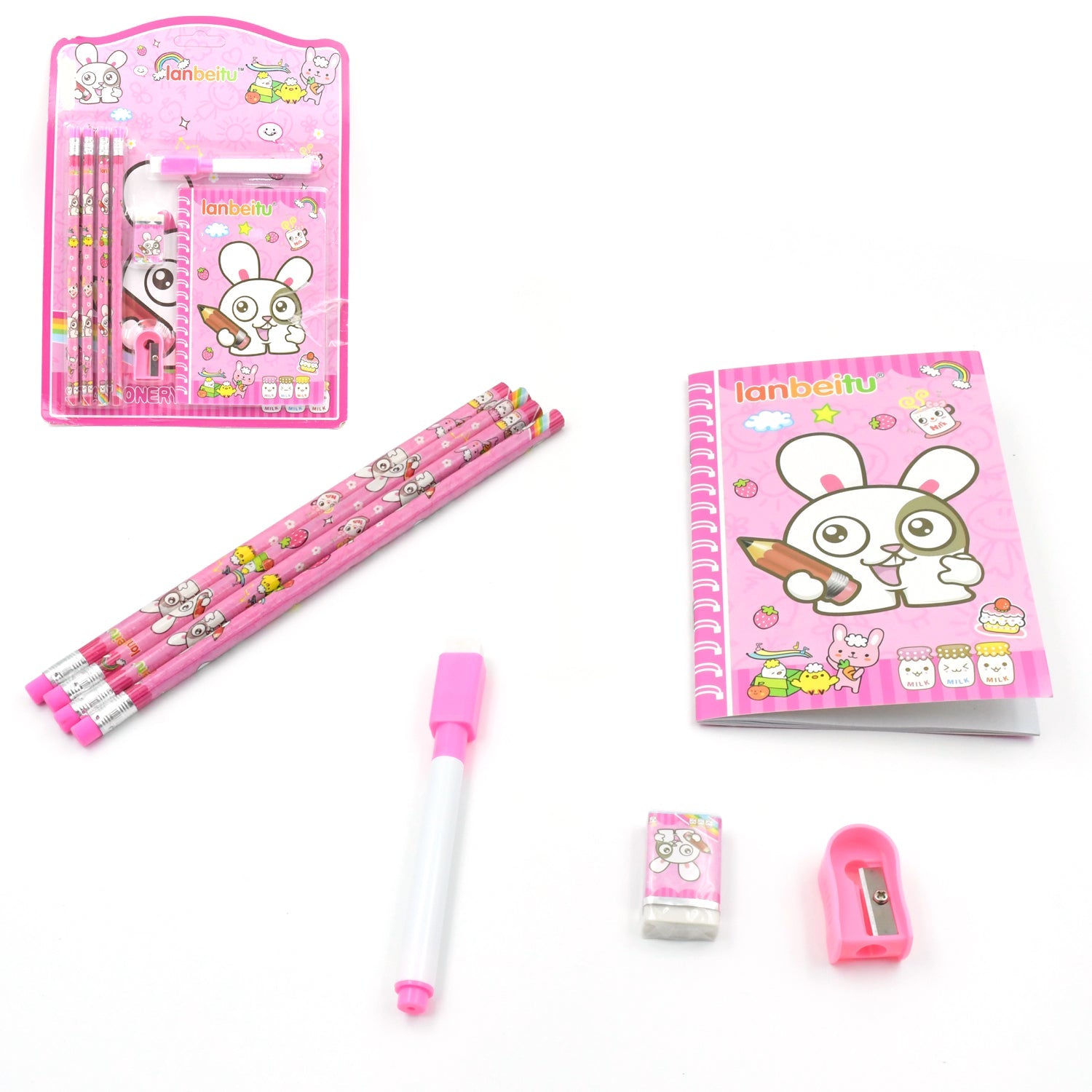 Kids' Stationery Kit: Wooden Pencils, Sharpener, Eraser, Diary (8 Pc Set) - Bhavnagar Deodap