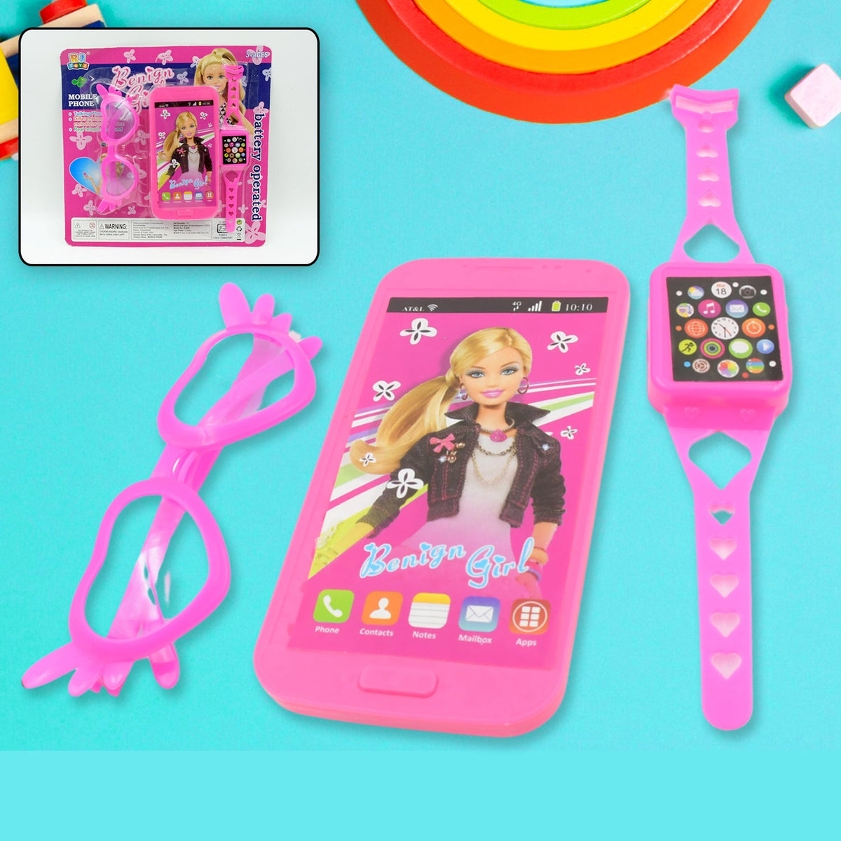 Barbiee Phone, Watch and Glasses Set for Girls, Beautiful Barbie Musical phone ABS Plastic Toy Battery Operated Barbie Glass | Musical Mobile Phone  / Toddler / Toy Phone for Kids / Calling Toy Phone (3 Pcs Set, Battery Not Included) - Bhavnagar Deodap