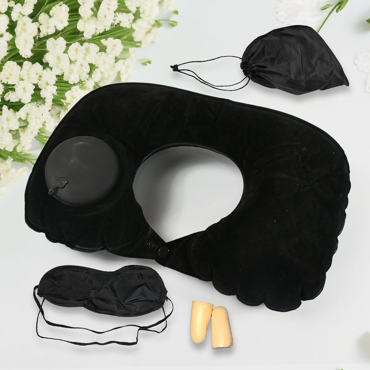 8512 3 in 1 Comfortable Travel Sleeping Kit, Neck Pillow, Eye Mask & Ear Plug Set Inflatable Plane Sleeping Pillow Head Neck Support Pillows for Travel Airplane Office, Black - Bhavnagar Deodap