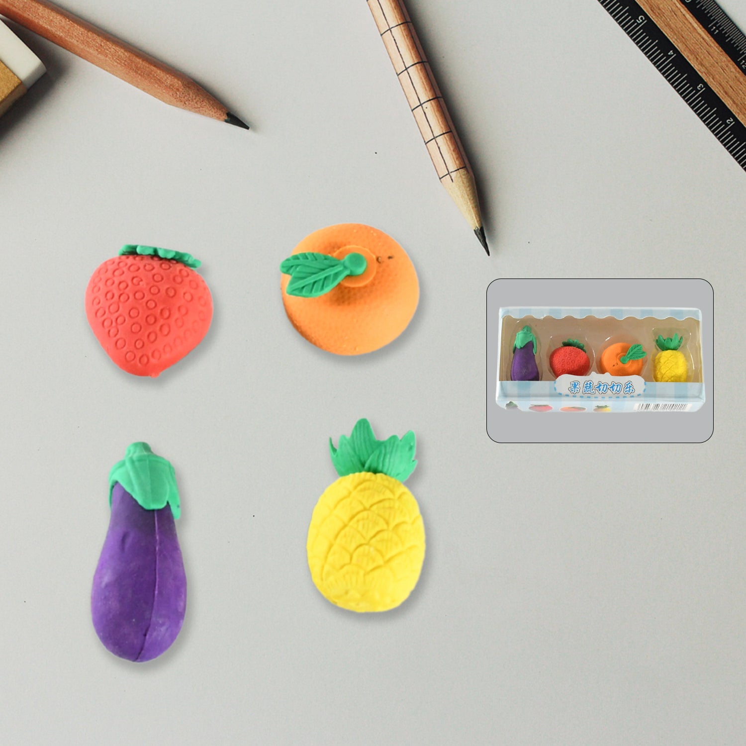 Mini Cute Vegetables and Fruits Erasers or Pencil Rubbers for Kids, 1 Set Fancy & Stylish Colorful Erasers for Children, Eraser Set for Return Gift, Birthday Party, School Prize, 3D Erasers  (4 pc Set) - Bhavnagar Deodap