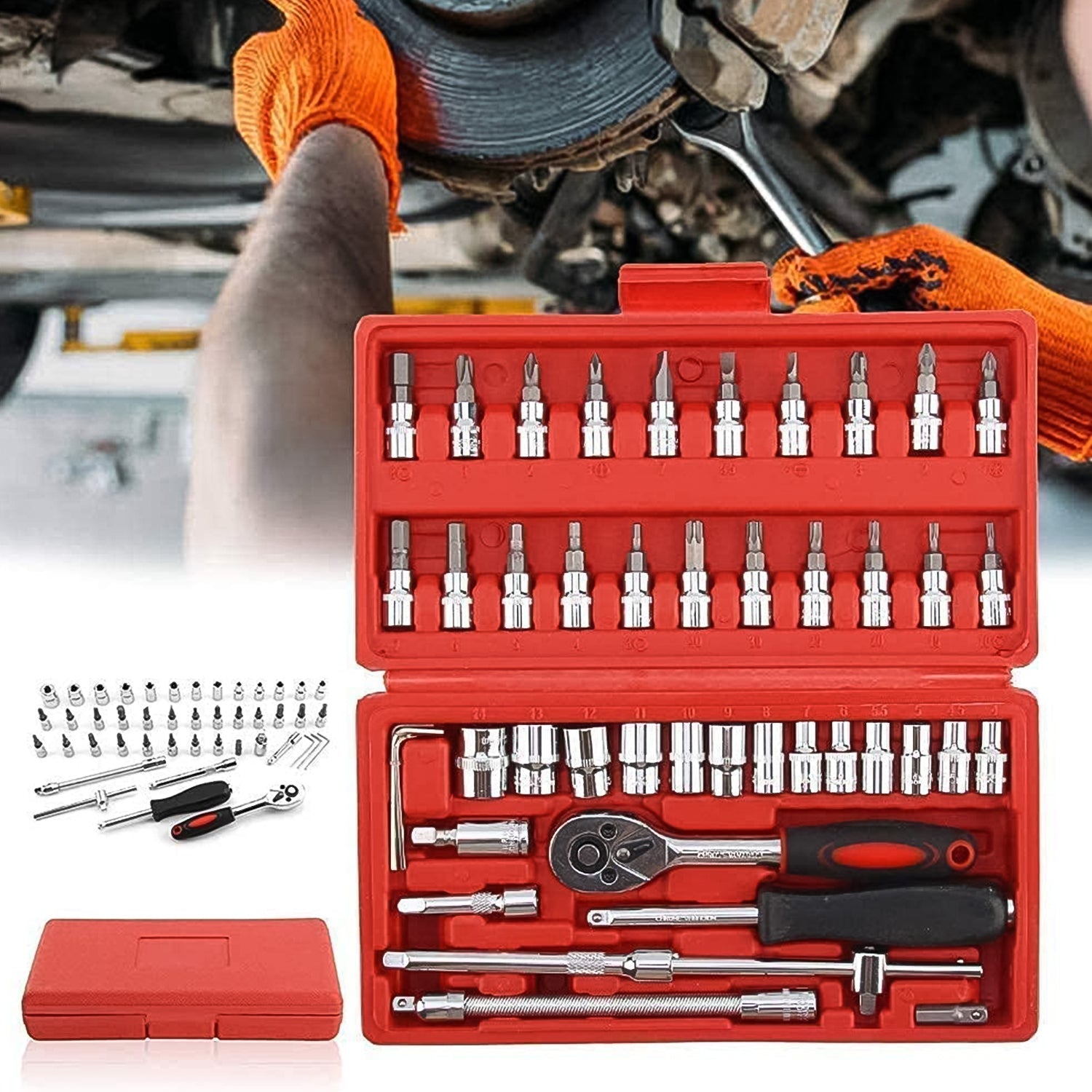 Socket 1 / 4 Inch Combination Repair Tool Kit (Red, 46 pcs) - Bhavnagar Deodap