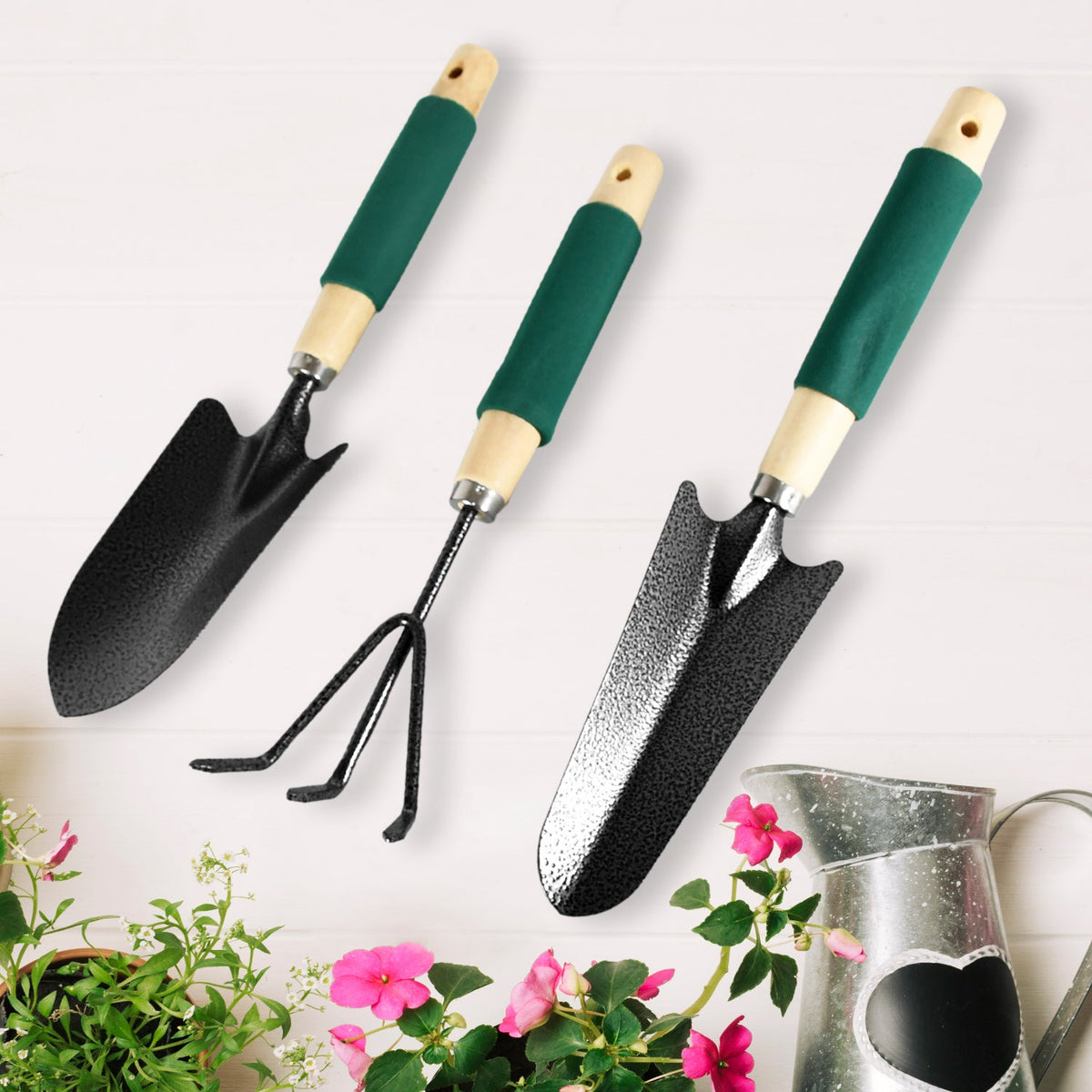 Gardening Tools - Hand Cultivator, Trowel, Heavy Duty with Ergonomic Wooden Handle for Transplanting and Digging (3 Pcs Set) - Bhavnagar Deodap