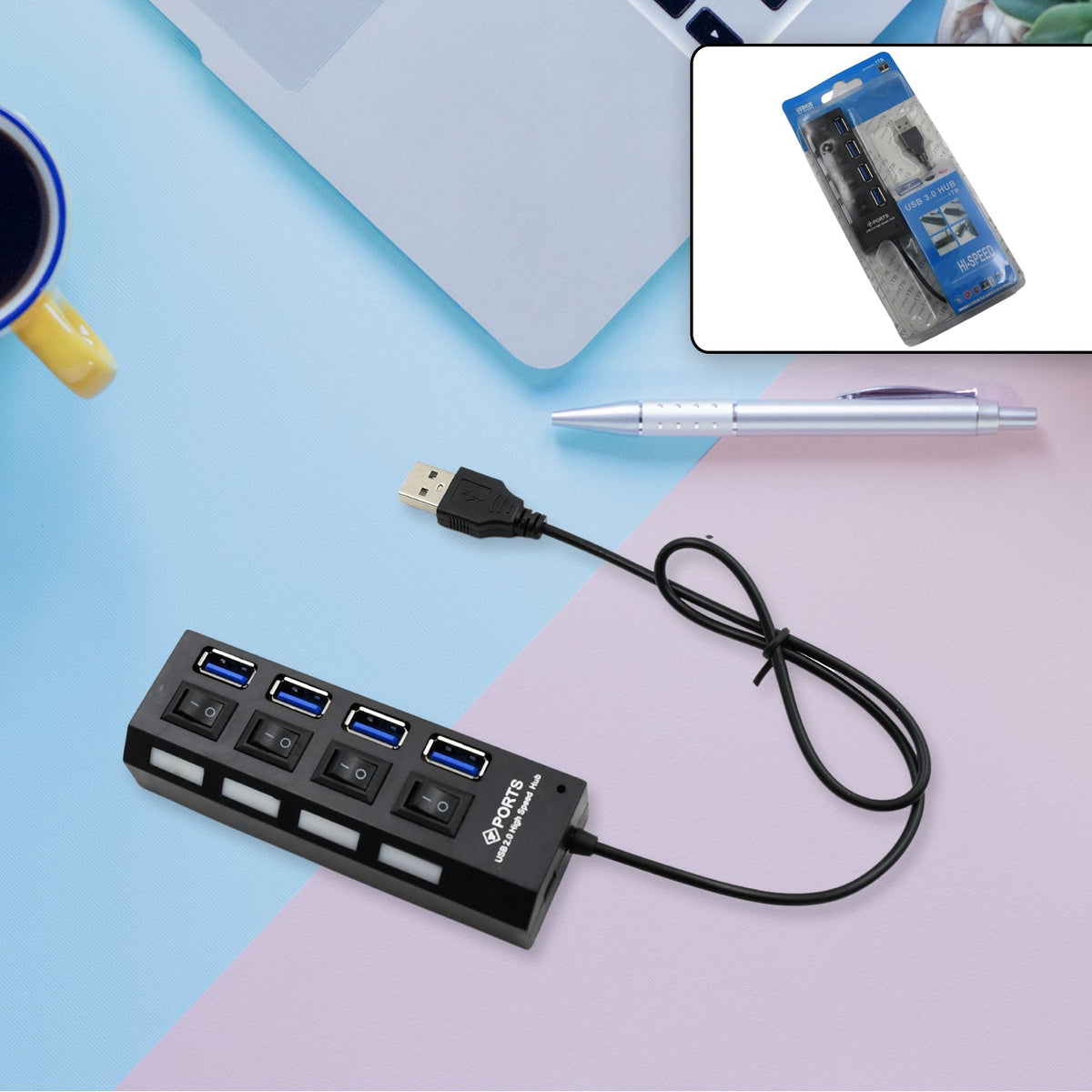 4 Port USB, HUB USB 2.0 HUB Splitter High Speed with On/Off Switch Multi LED Adapter Compatible with Tablet Laptop Computer Notebook - Bhavnagar Deodap