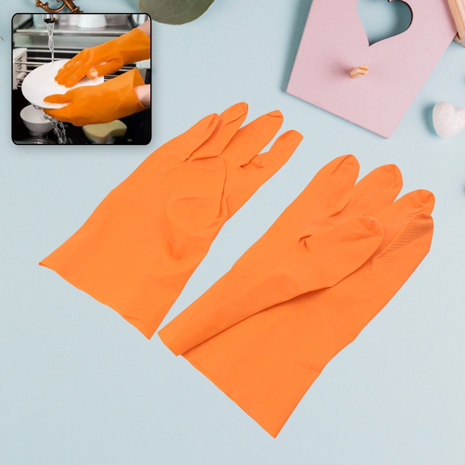 Multipurpose Rubber Reusable Cleaning Gloves, Reusable Rubber Hand Gloves I Latex Safety Gloves I for Washing I Cleaning Kitchen I Gardening I Sanitation I Wet and Dry Use Orange Gloves (1 Pair 40 Gm) - Bhavnagar Deodap