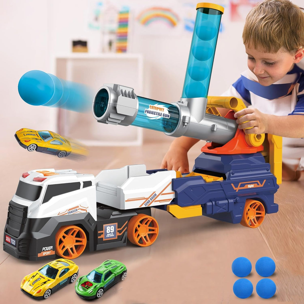 Truck Toys for Kids, Large Truck Toys Include 2 Racing Cars+4 Ball, with Light & Sounds, Eejection & Shooting Transport Cars Toy, Gifts for Boys Girls (Battery Not Included) - Bhavnagar Deodap