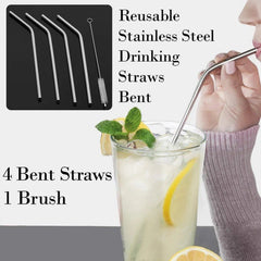 Reusable Stainless Steel Drinking Straws Bent (4 Bent Straws, 1 Brush) - Bhavnagar Deodap