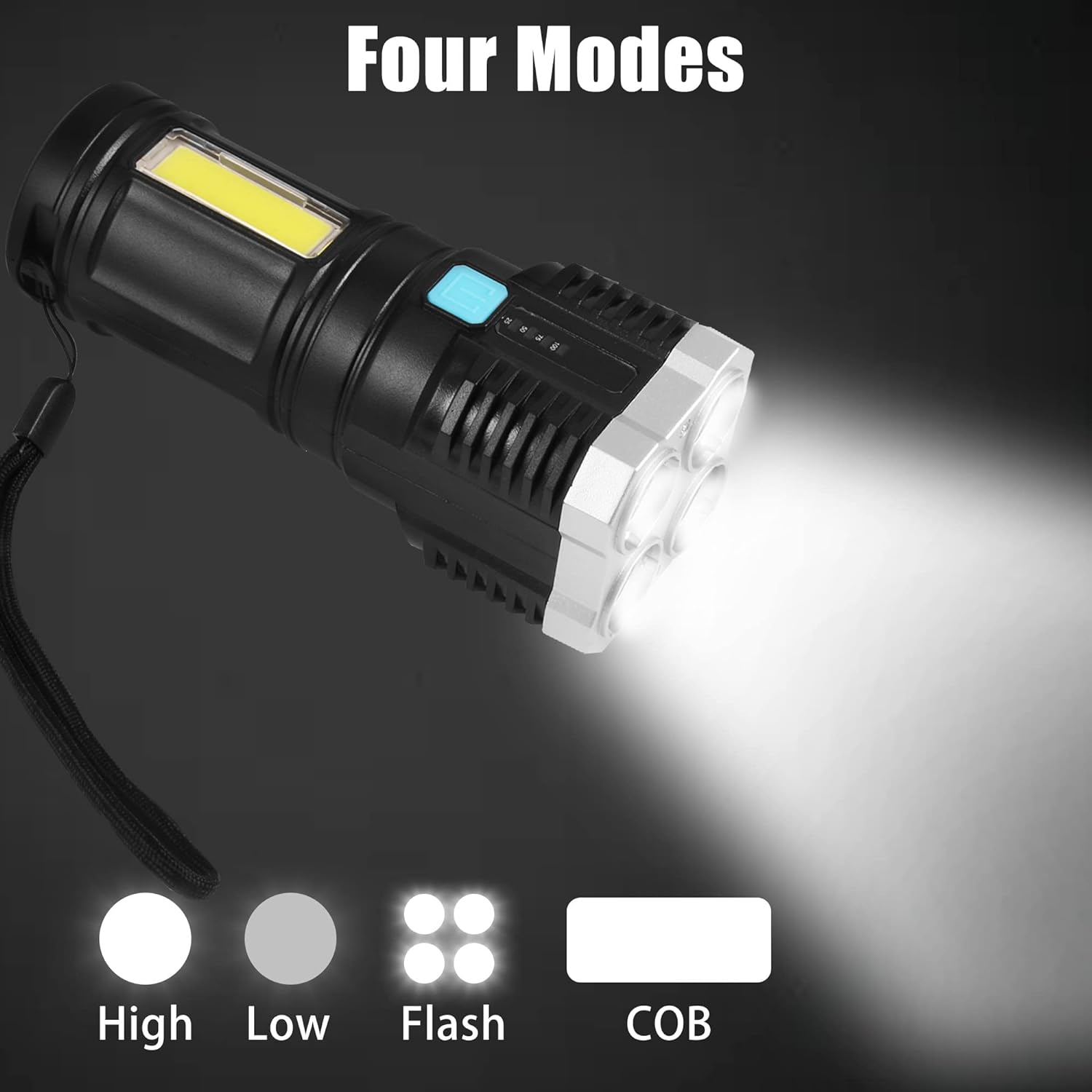 Multifunctional Strong 4 LED Torch Light, Portable Rechargeable Flashlight Long Distance Beam Range 800 Lumens COB Light 4 Mode Emergency for Hiking, Walking, Camping (4 LED Torch) - Bhavnagar Deodap