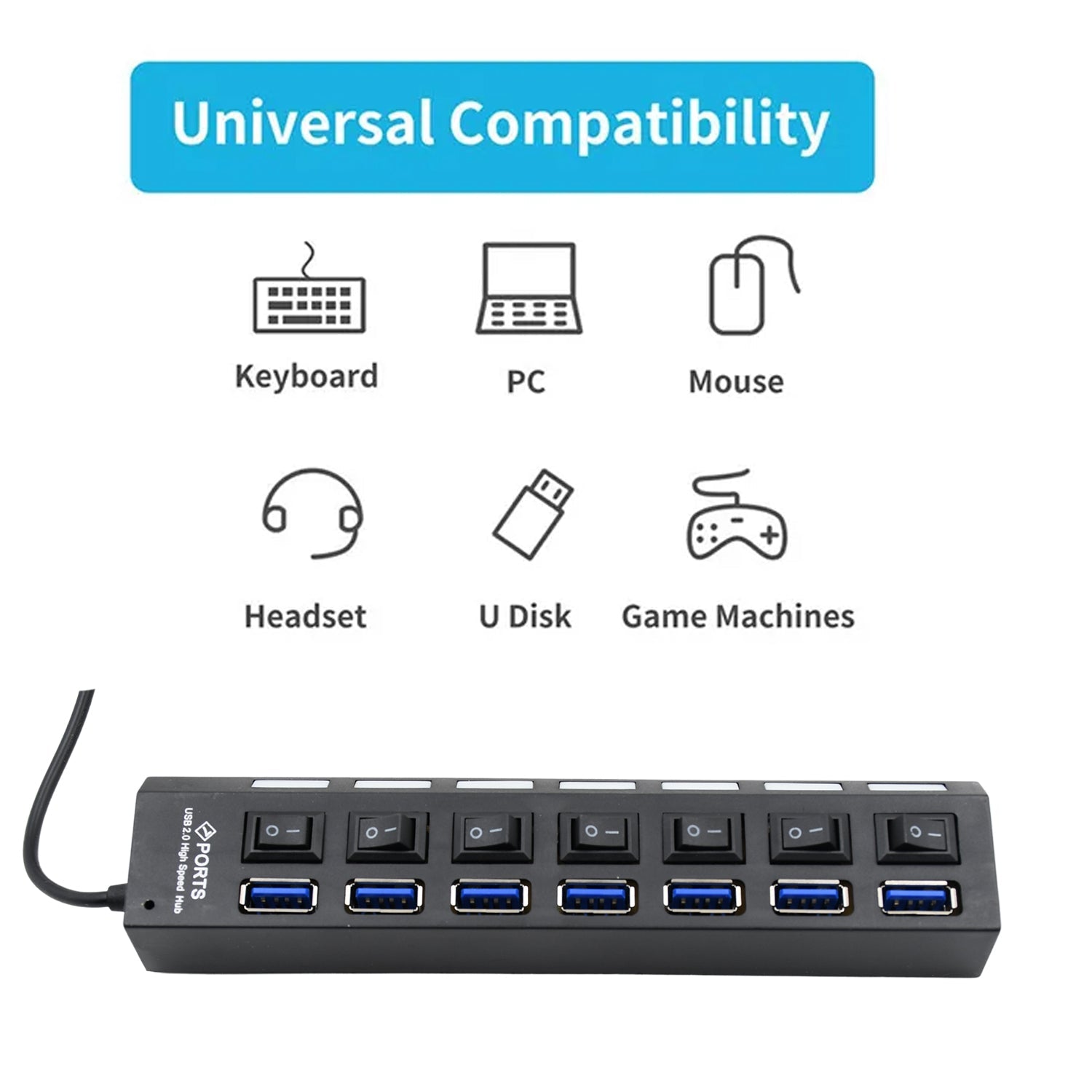 USB Splitter Multi Port USB 2.0 Hub, 7 Port with Independent On/Off Switch and LED Indicators USB A Port Data Hub, Suitable for PC Computer Keyboard Laptop Mobile HDD, Flash Drive Camera Etc - Bhavnagar Deodap