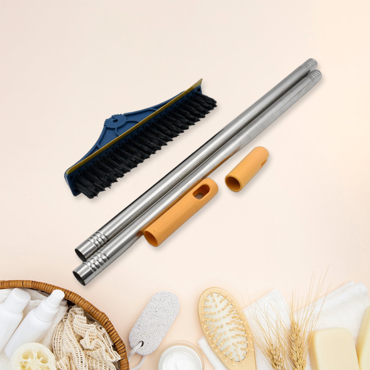 2 in 1 Cleaning Brush & Wiper , Long Handle Floor Brush, Rotatable Cleaning Brush for Bathroom, Kitchen, 120 Degree Triangular Rotating Brush Head with Wiper - Bhavnagar Deodap