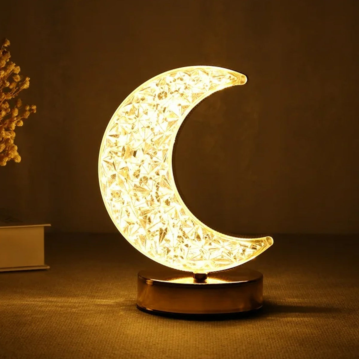 Crystal Table Lamp | Moon Shape Touch Control Lamp with 3 Color | Metal Bedside Lamp for Kids Bedroom Romantic Desktop Nightstand | Stepless Dimming USB Charging Touch Night Light - Bhavnagar Deodap