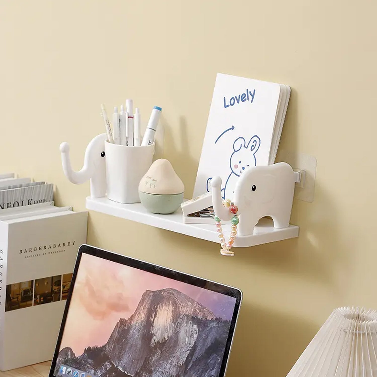 MULTIFUNCTIONAL  ELEPHANT SHAPED STORAGE SHELF, NO PUNCHING WALL MOUNTED MINI STORAGE RACK, CREATIVE CUTE ELEPHANT SHELF ORGANIZER FOR KITCHEN BATHROOM BEDROOM STUDY - Bhavnagar Deodap