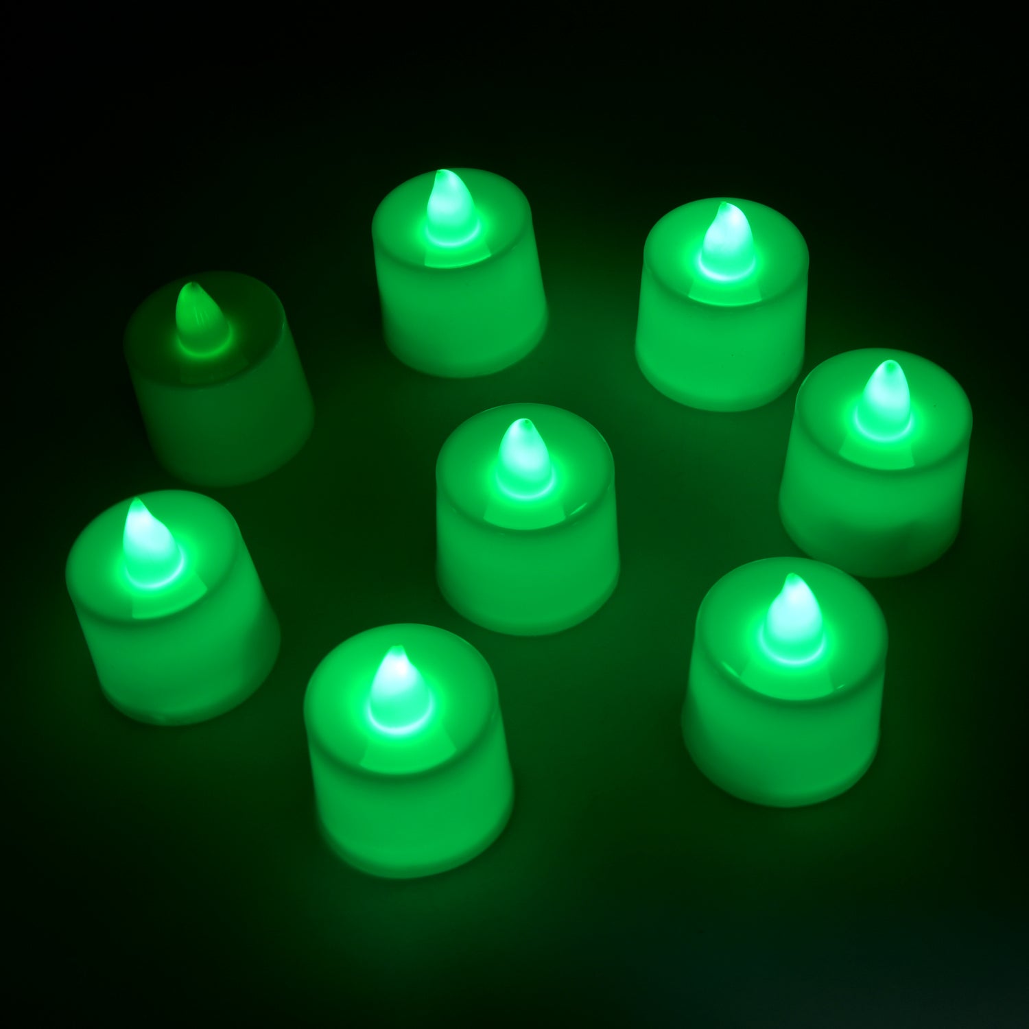 GREEN FLAMELESS LED TEALIGHTS, SMOKELESS PLASTIC DECORATIVE CANDLES - LED TEA LIGHT CANDLE FOR HOME DECORATION (PACK OF 8) - Bhavnagar Deodap