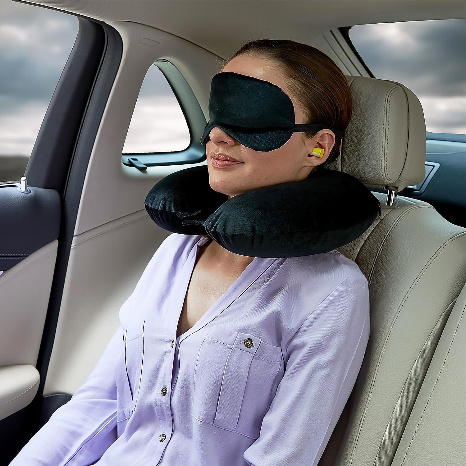 8512 3 in 1 Comfortable Travel Sleeping Kit, Neck Pillow, Eye Mask & Ear Plug Set Inflatable Plane Sleeping Pillow Head Neck Support Pillows for Travel Airplane Office, Black - Bhavnagar Deodap