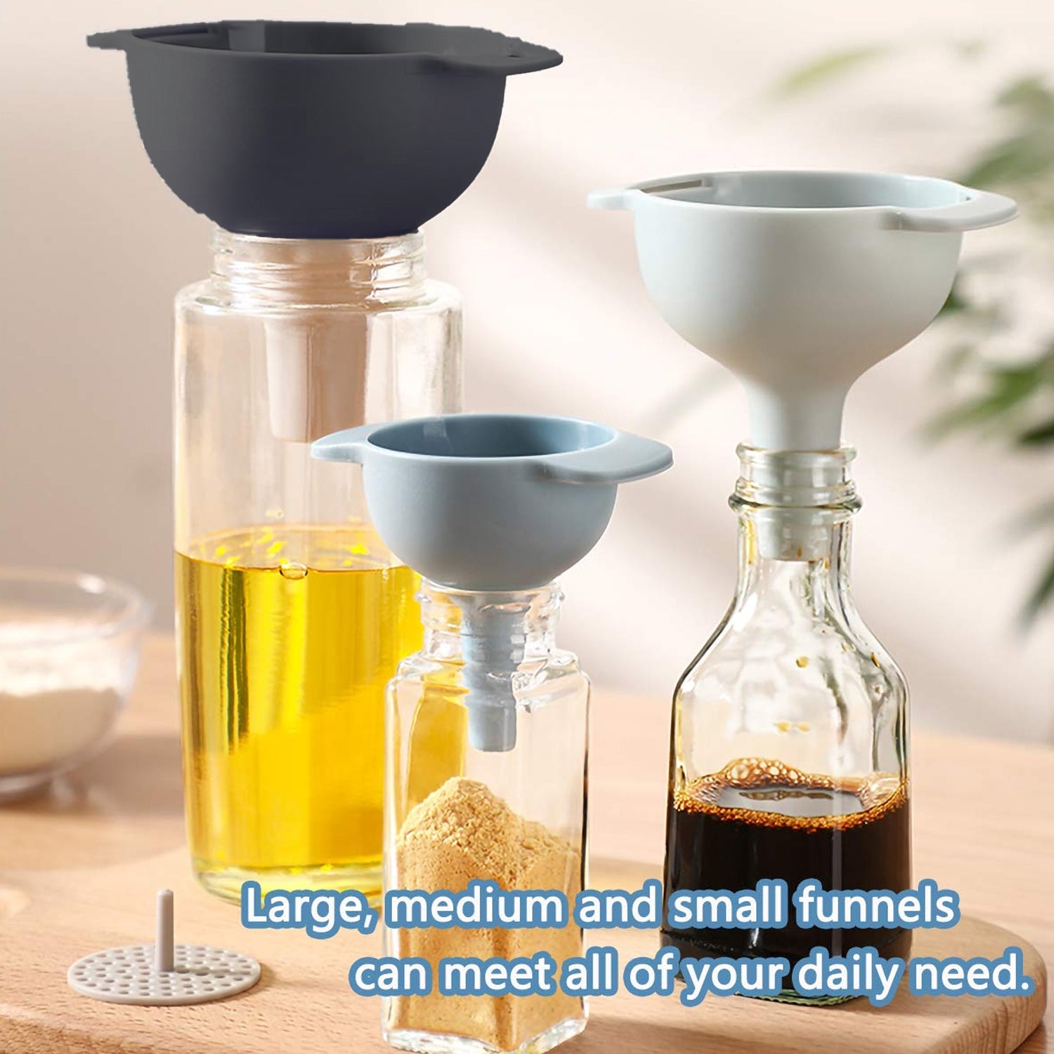 3 in 1 Kitchen Funnel Set of 3, Funnel for Filling Bottle, Small Canning Funnel with Handle, Food Grade Plastic Funnel with Detachable Strainer Filter for Liquid, Dry Ingredients, and Powder - Bhavnagar Deodap