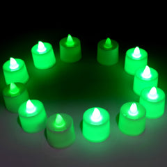 GREEN FLAMELESS LED TEALIGHTS, SMOKELESS PLASTIC DECORATIVE CANDLES - LED TEA LIGHT CANDLE FOR HOME DECORATION (PACK OF 12) - Bhavnagar Deodap