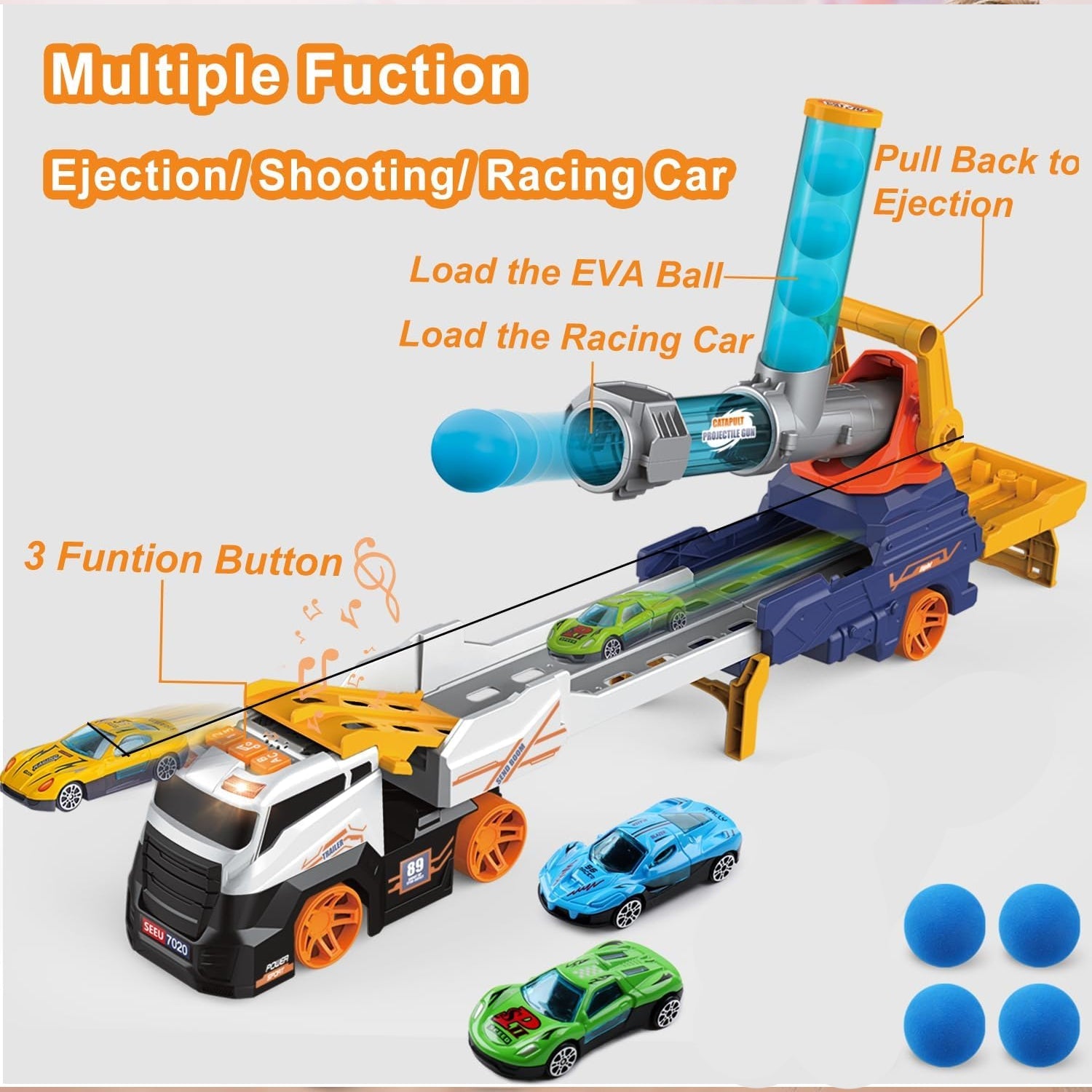 Truck Toys for Kids, Large Truck Toys Include 2 Racing Cars+4 Ball, with Light & Sounds, Eejection & Shooting Transport Cars Toy, Gifts for Boys Girls (Battery Not Included) - Bhavnagar Deodap