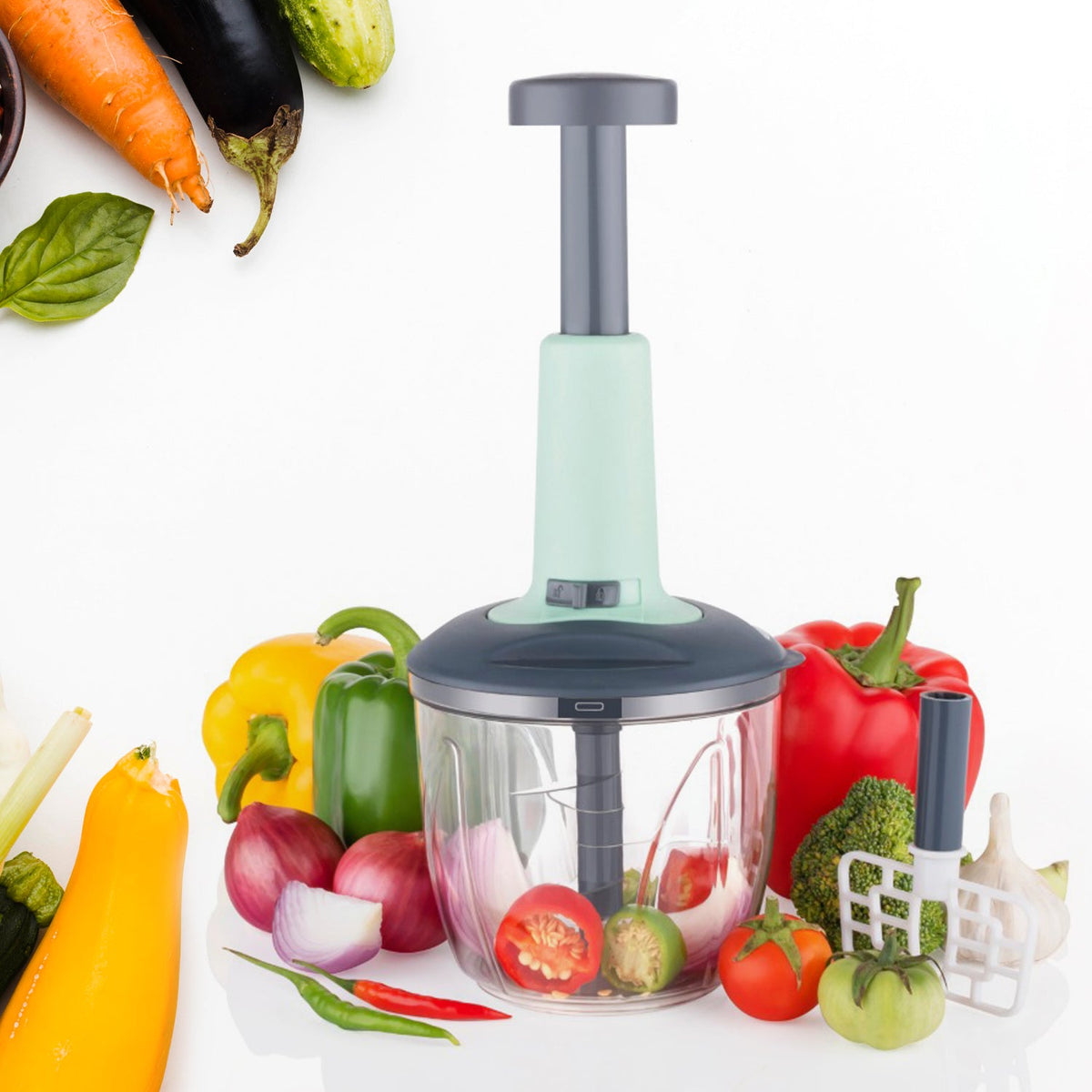 1100 ml 2 in 1 Push up Chopper with Blender affixed with 6 Sharp Blade | Vegetable and Fruit Cutter with Easy Push and chop Button - Bhavnagar Deodap