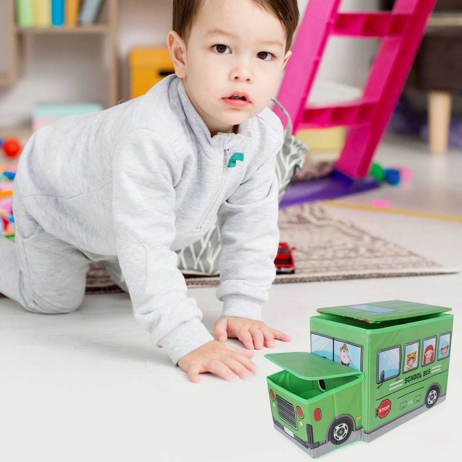 Foldable Bus Shape Toy Box Storage with Lid for Storage of Toys Basket Useful as Toy Organizer mountable Racks Surface Multipurpose Basket for Kids Wardrobe Cabinet Wood with Cloth Cover For Home Decor Books, Game, Baby Cloth (Mix Color & Design ) - Bhavnagar Deodap