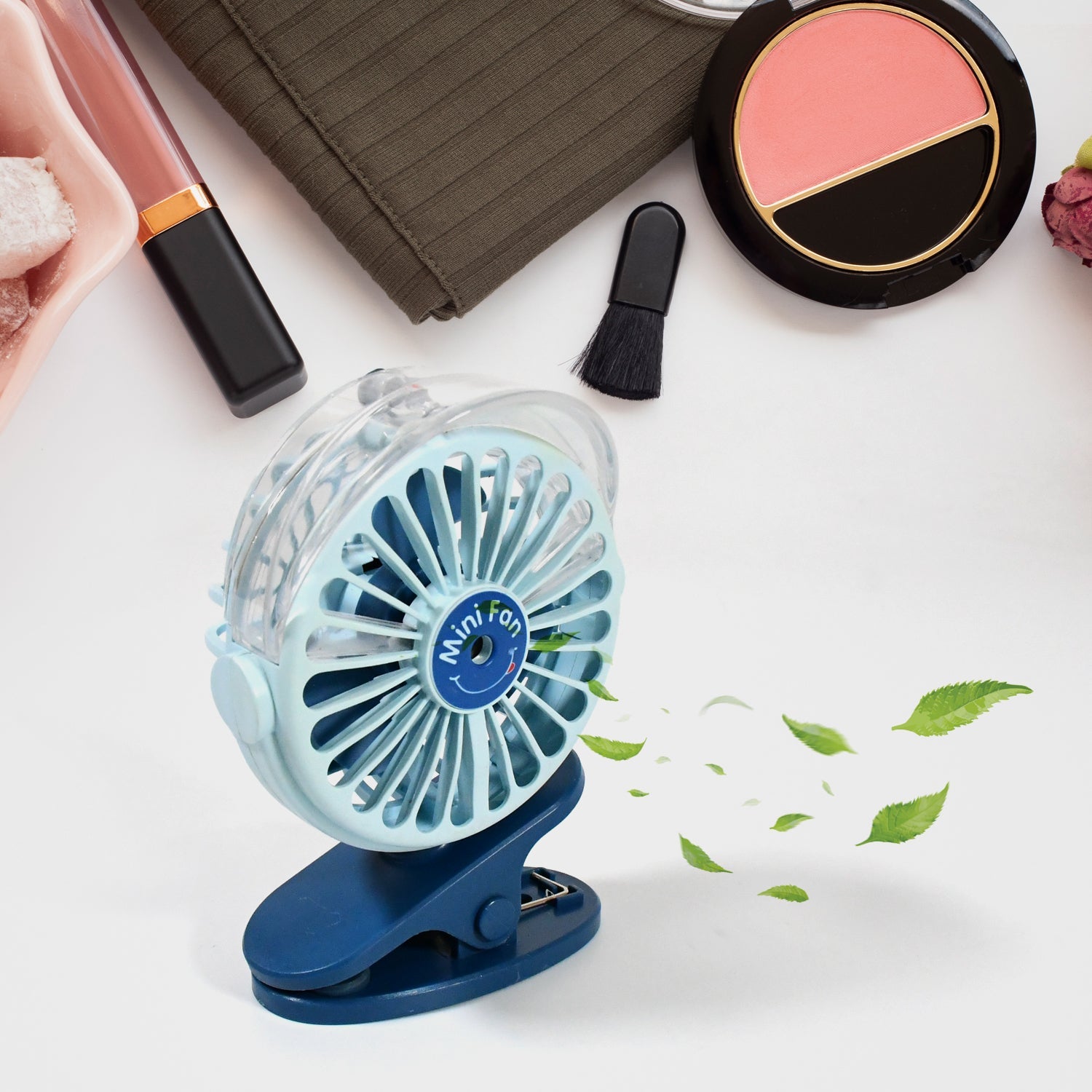 Portable Clip-on Fan, Battery Operated, With Light & Spray, Small Yet Powerful USB Table Fan, 3-Speed Quiet Rechargeable Mini Desk Fan, 360° Rotation, Personal Cooling Fan for Home, Office, Camping - Bhavnagar Deodap