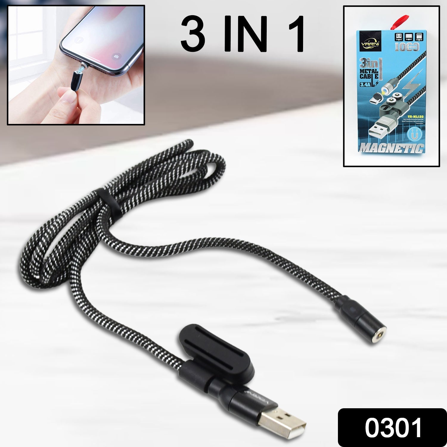 3 in 1 Magnetic USB Charging Cable | USB-c Android and Lightning with Extra Protecting Nylon| Strong Magnetic Cable with Full Rotation Support Fast Charging - Bhavnagar Deodap