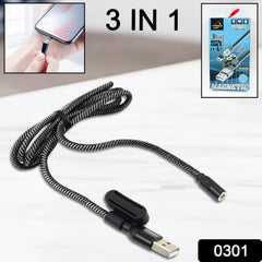 3 in 1 Magnetic USB Charging Cable | USB-c Android and Lightning with Extra Protecting Nylon| Strong Magnetic Cable with Full Rotation Support Fast Charging - Bhavnagar Deodap