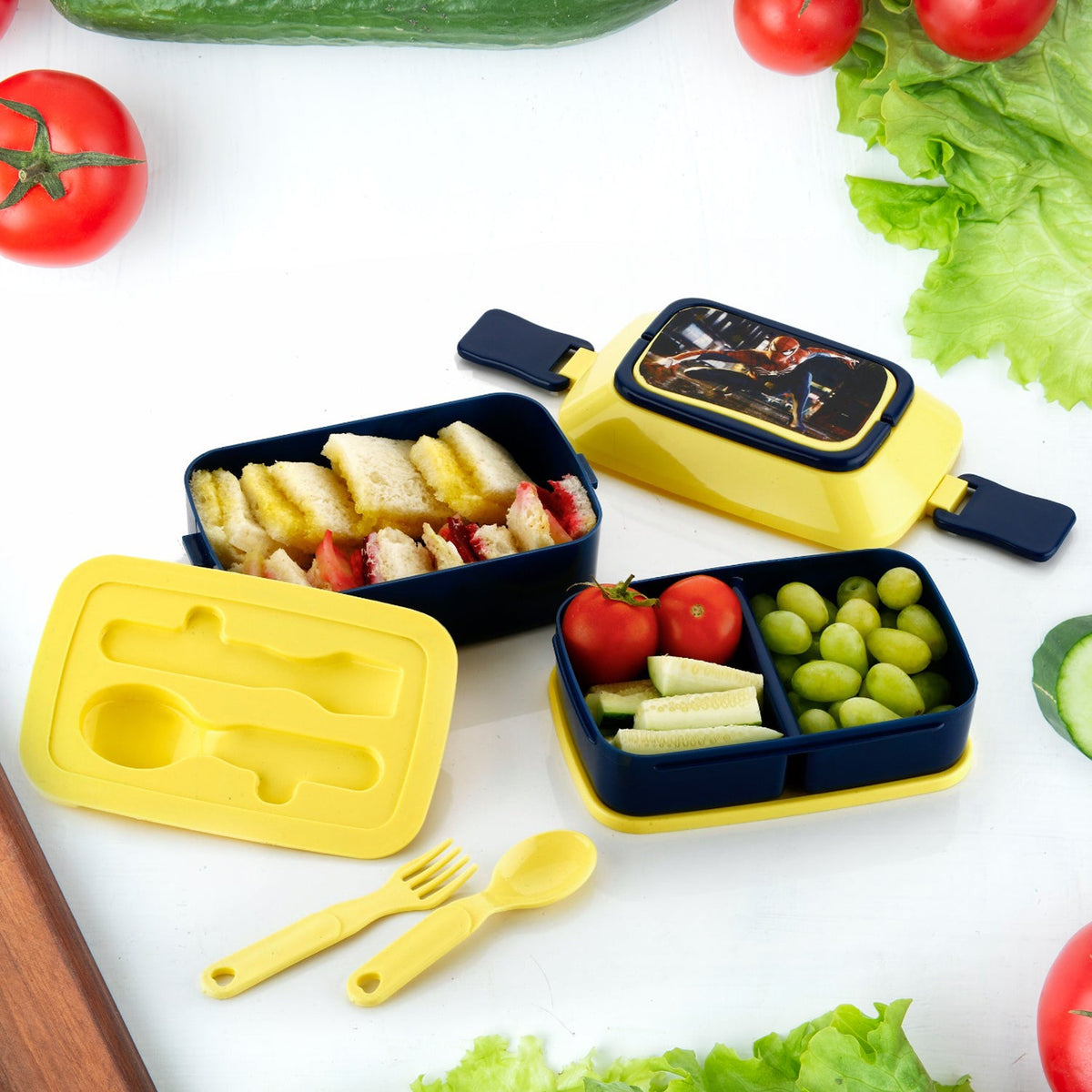 5621 Double Layer Lunch Box Stylish Lid Lunch Box With Fork & Spoon Lunch Box For Children School Lunch Box  - Bhavnagar Deodap