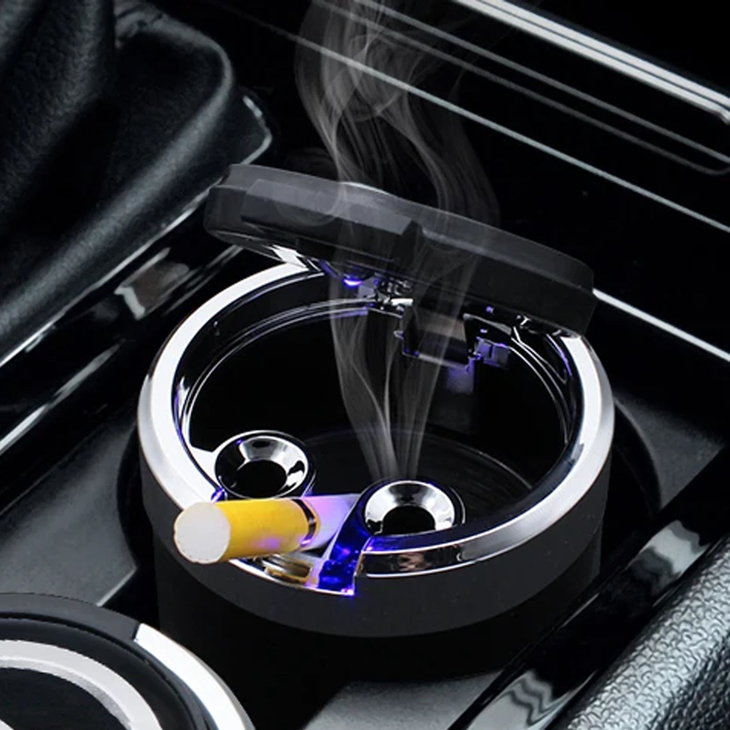 Portable Car Ashtray with Lid and Blue LED Light (1 Pc) - Bhavnagar Deodap