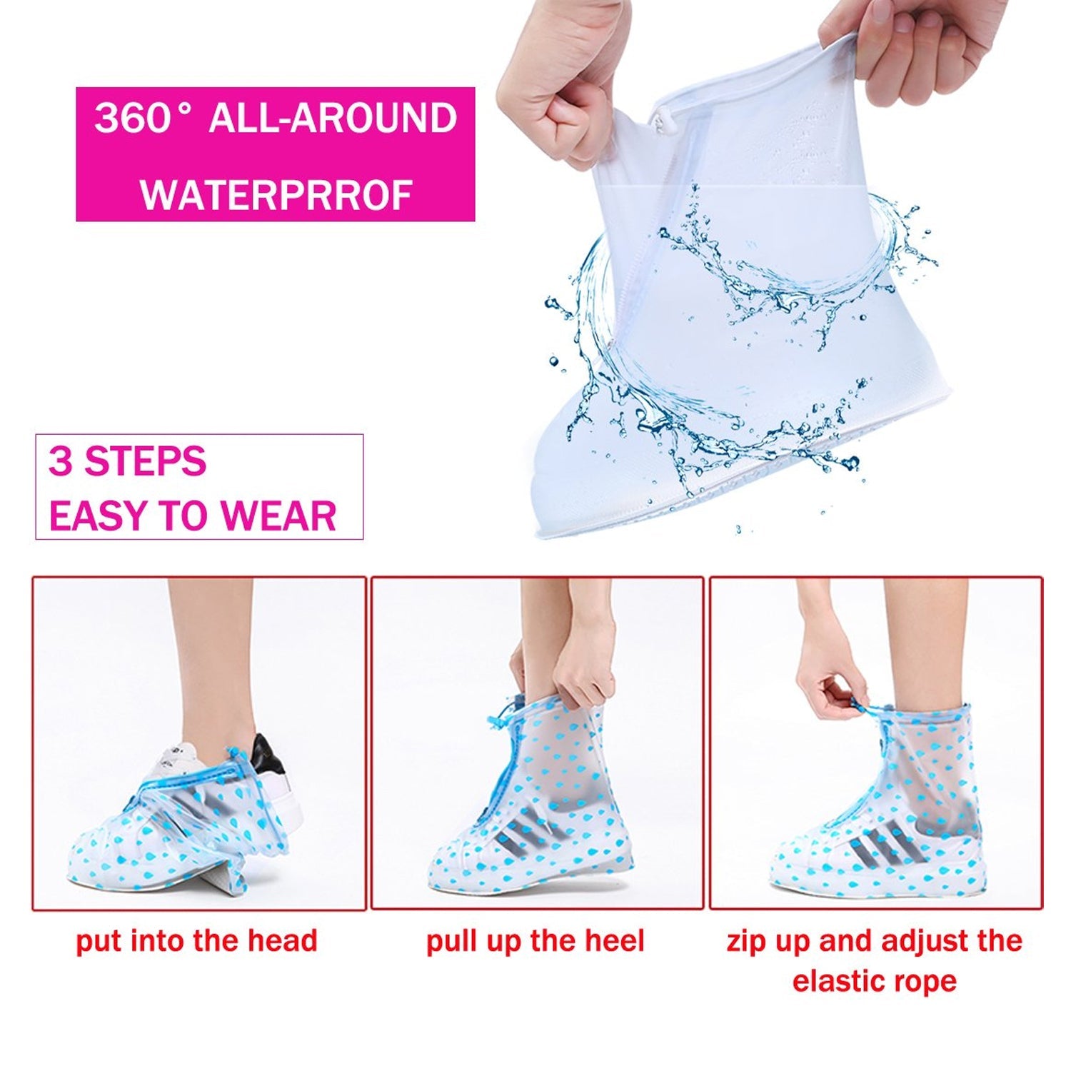 Plastic Shoes Cover Reusable Anti-Slip Boots Zippered Overshoes Covers Pink, Transparent Waterproof Snow Rain Boots for Kids/Adult Shoes, for Rainy Season (L Size1 Pairs) - Bhavnagar Deodap