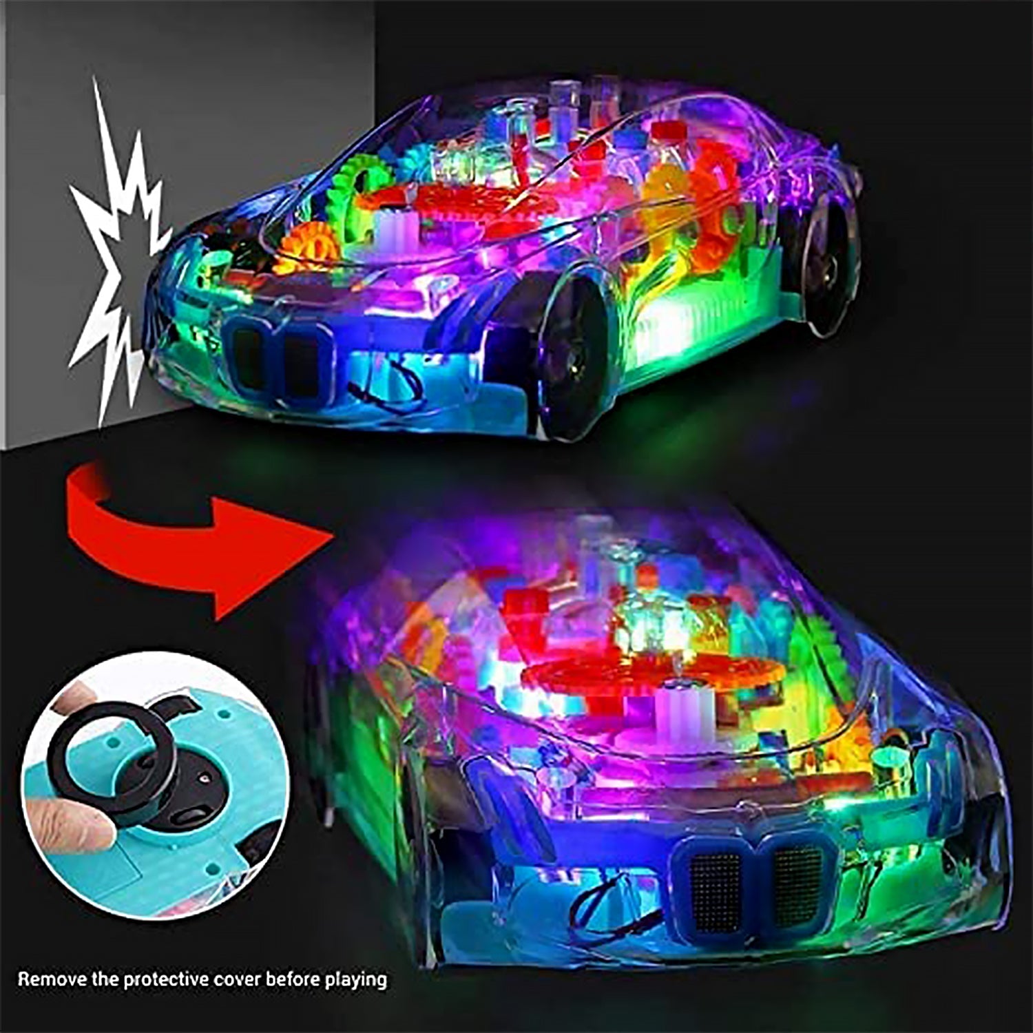 Automatic 360 Degree Rotating Transparent Gear Concept Car with Musical and 3D Flashing Lights Toy for Kids Boys & Girls (Multicolor / Battery Not Included) - Bhavnagar Deodap