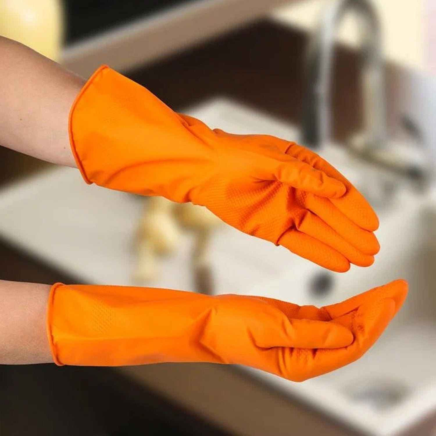 Multipurpose Rubber Reusable Cleaning Gloves, Reusable Rubber Hand Gloves I Latex Safety Gloves I for Washing I Cleaning Kitchen I Gardening I Sanitation I Wet and Dry Use Orange Gloves (1 Pair 40 Gm) - Bhavnagar Deodap