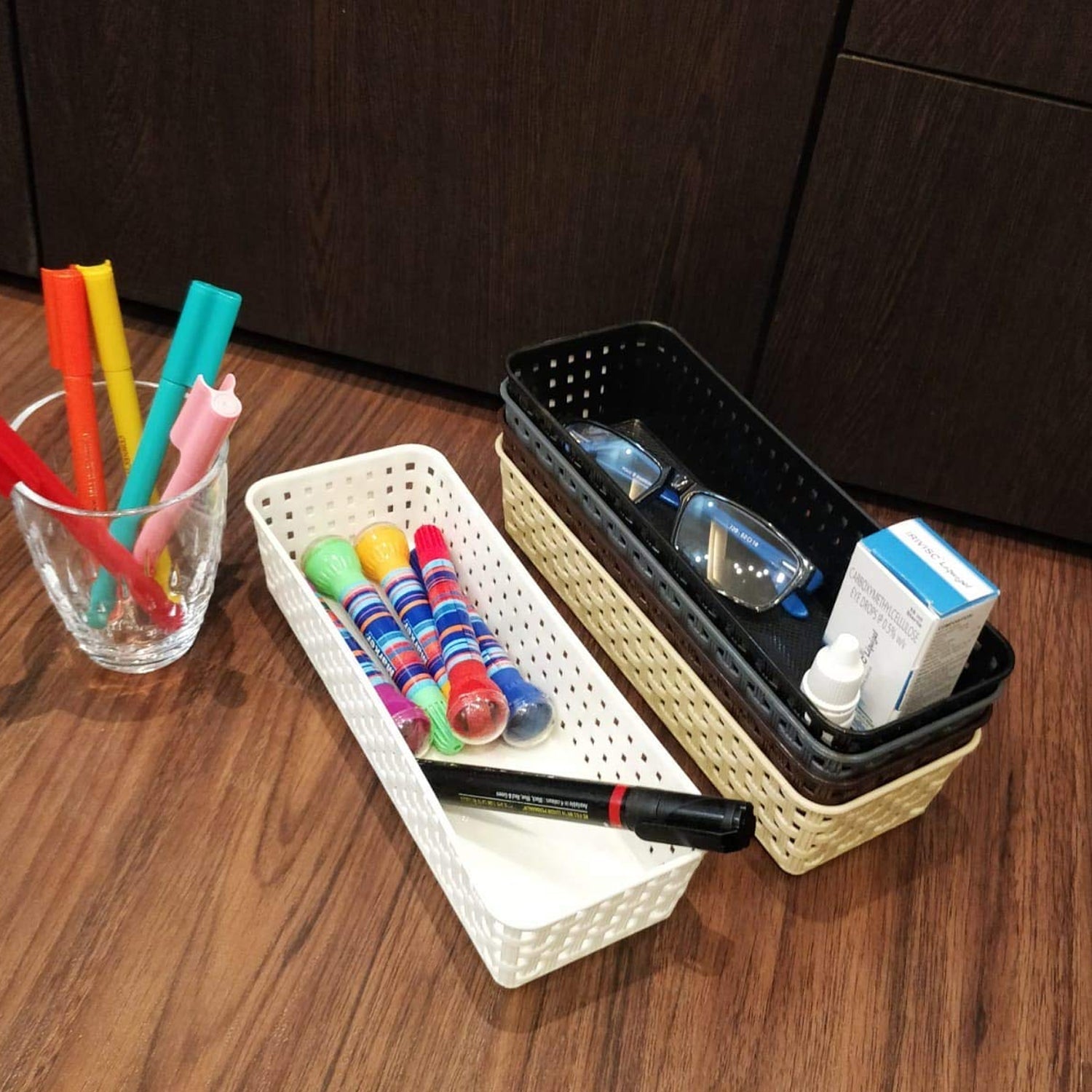 Plastic Multipurpose Desk Organizer Tray Office Drawer Dividers Storage Bins for Kitchen, Bathroom, Office, Makeup, Bedroom Dresser, Craft Basket Rack Multicolour (6 Pcs Set) - Bhavnagar Deodap