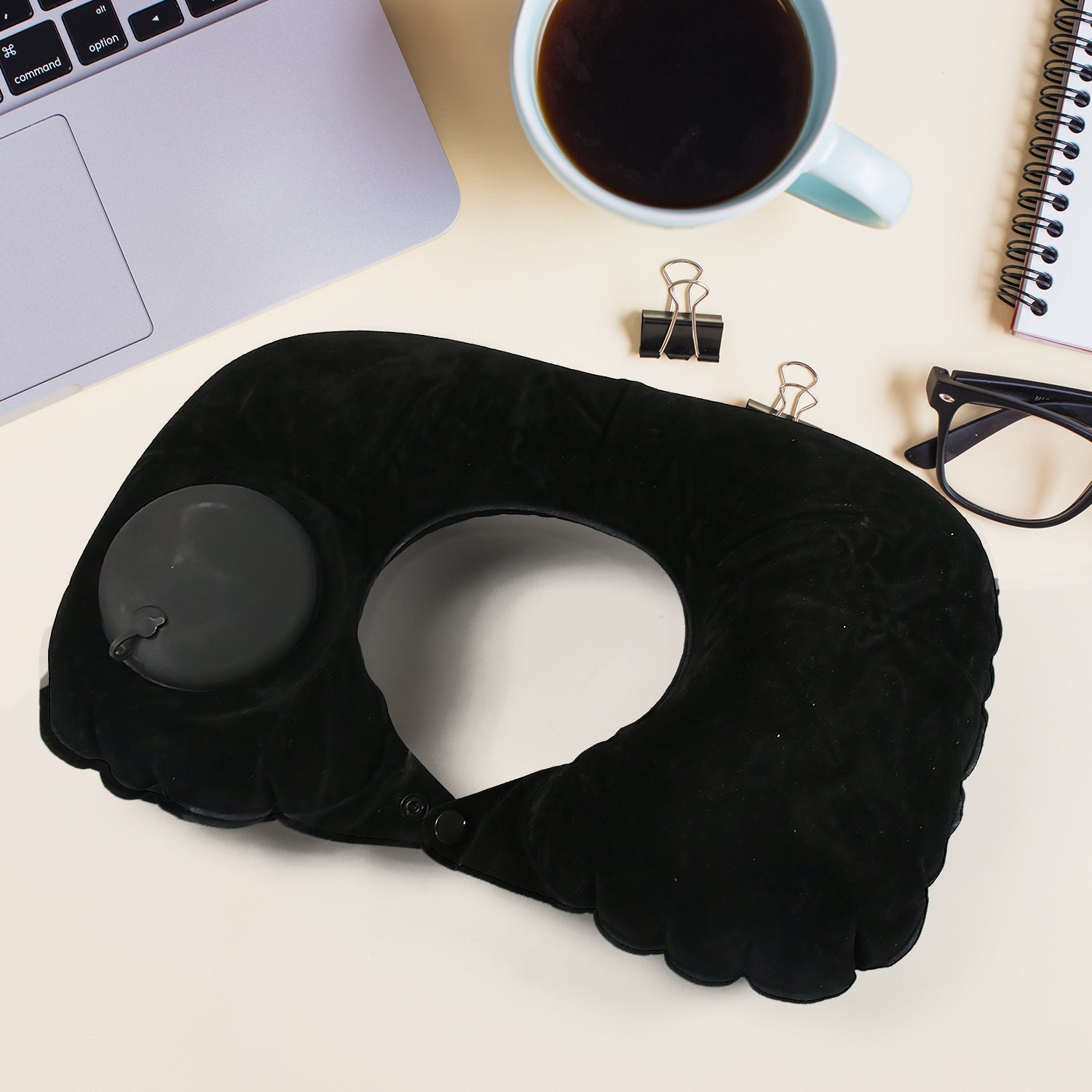 8512 3 in 1 Comfortable Travel Sleeping Kit, Neck Pillow, Eye Mask & Ear Plug Set Inflatable Plane Sleeping Pillow Head Neck Support Pillows for Travel Airplane Office, Black - Bhavnagar Deodap