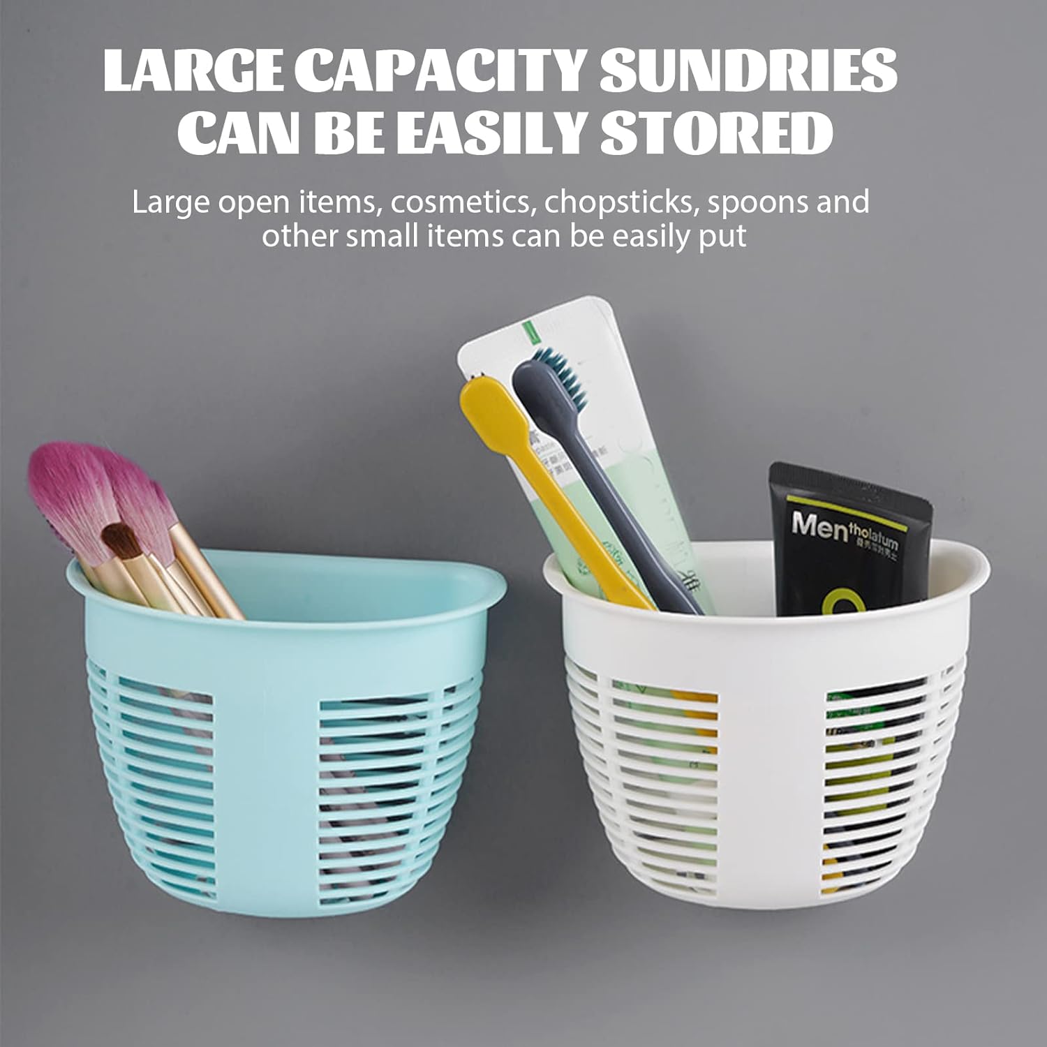 Hanging Plastic Storage Basket, Adhesive Wall Mounted Organizer Box Make Up Holder Shelf Bathroom Wall Basket Punch Free Drain Basket for Kitchen Bathroom, Wall Type Storage Basket (1 Pc) - Bhavnagar Deodap