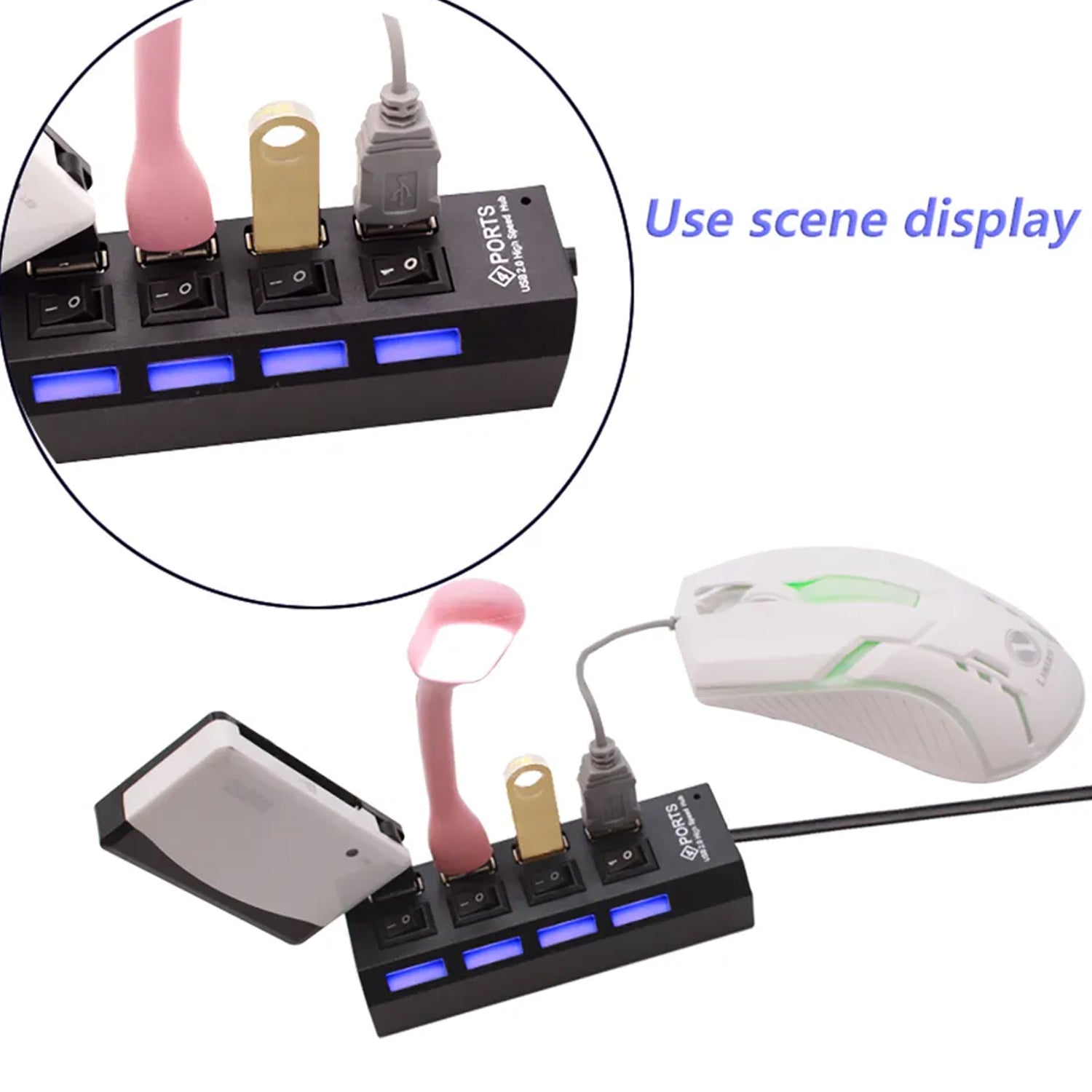 4 Port USB, HUB USB 2.0 HUB Splitter High Speed with On/Off Switch Multi LED Adapter Compatible with Tablet Laptop Computer Notebook - Bhavnagar Deodap