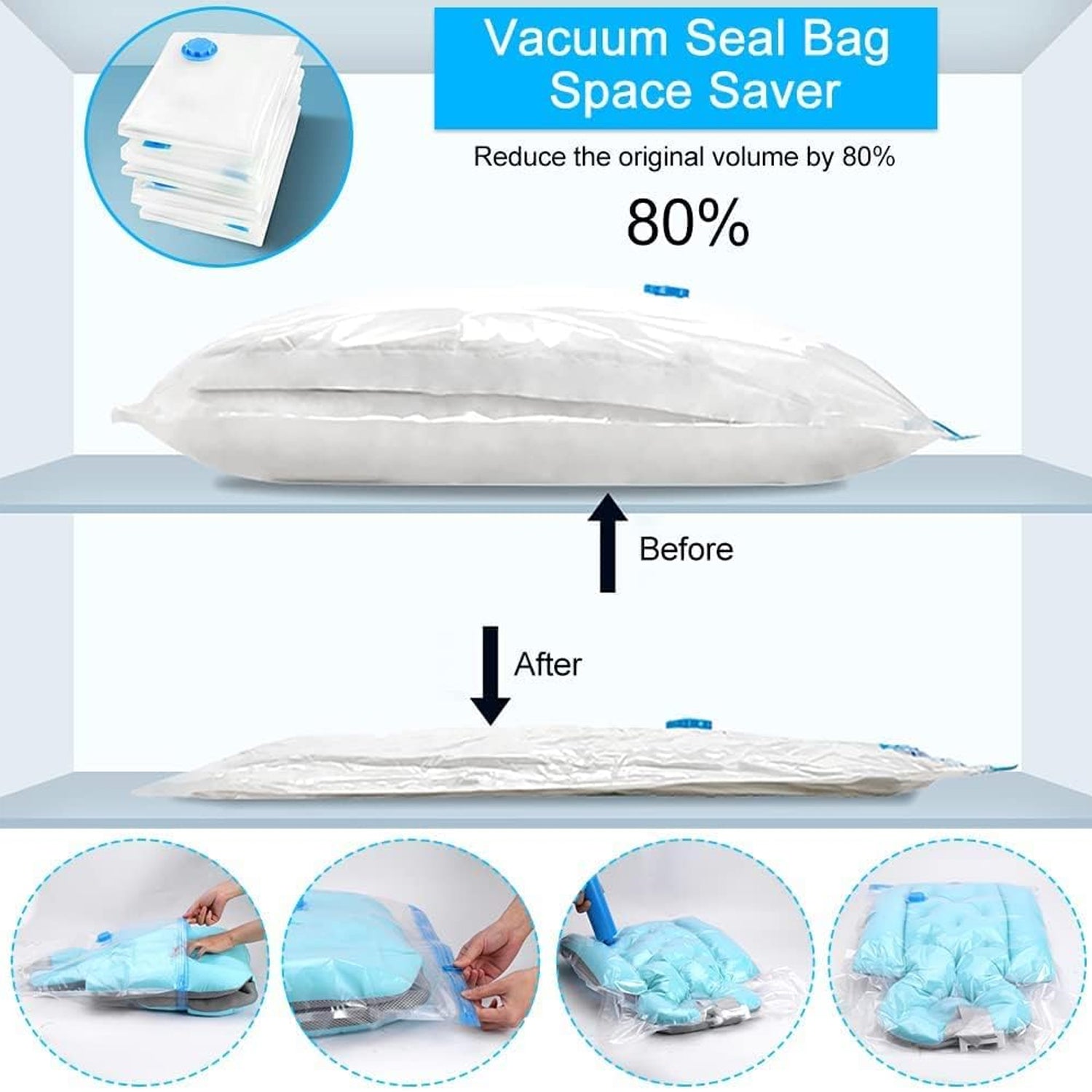 Vacuum Storage Bags with Suction Pump & Shirt clips - Vacuum Bags - Big Capacity Vacuum Seal Bags for Travel Clothes Blankets Pillows, Compression Bags | Space Saver Vacuum Storage Bags (5 Pcs Set) - Bhavnagar Deodap