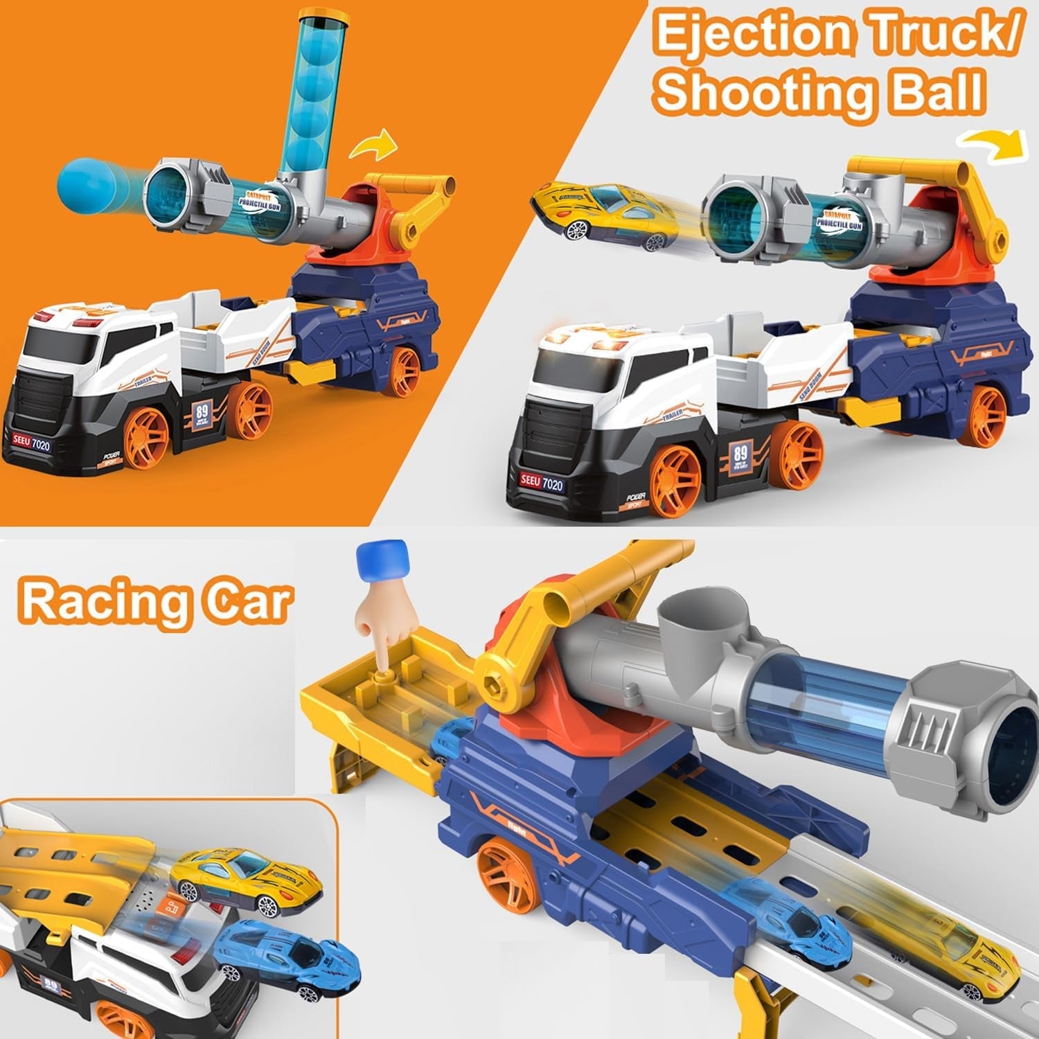 Truck Toys for Kids, Large Truck Toys Include 2 Racing Cars+4 Ball, with Light & Sounds, Eejection & Shooting Transport Cars Toy, Gifts for Boys Girls (Battery Not Included) - Bhavnagar Deodap