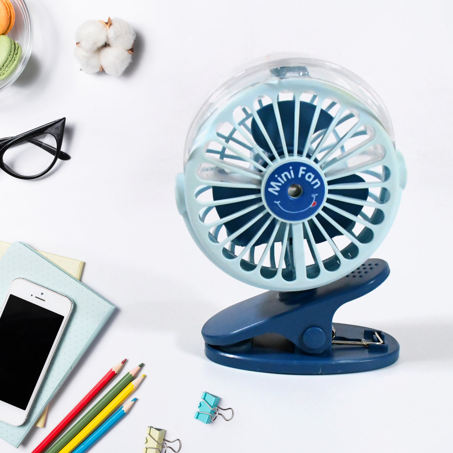 Portable Clip-on Fan, Battery Operated, With Light & Spray, Small Yet Powerful USB Table Fan, 3-Speed Quiet Rechargeable Mini Desk Fan, 360° Rotation, Personal Cooling Fan for Home, Office, Camping - Bhavnagar Deodap