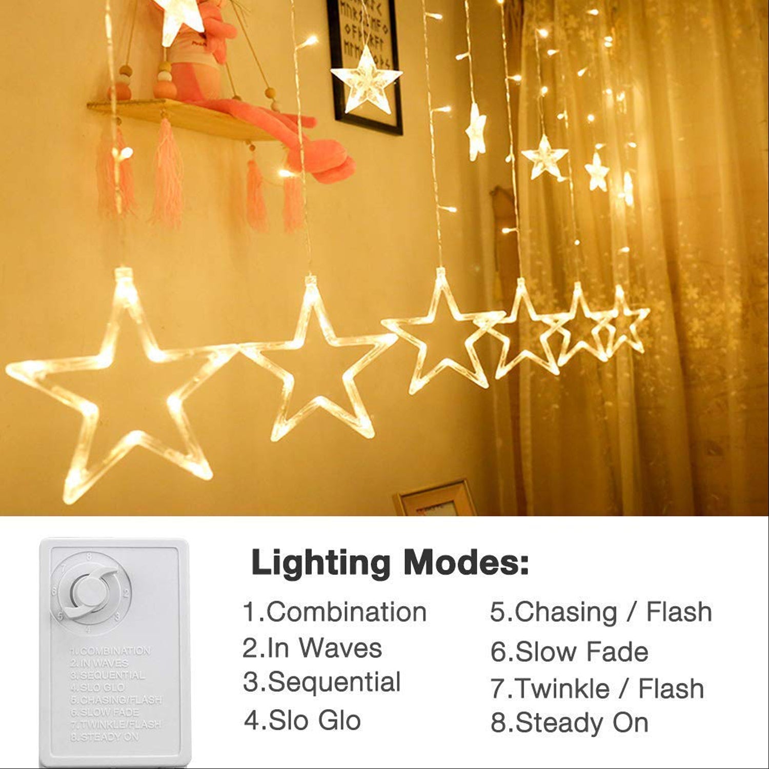 12 STARS CURTAIN STRING LIGHTS, WINDOW CURTAIN LIGHTS WITH 8 FLASHING MODES DECORATION FOR FESTIVALS - Bhavnagar Deodap