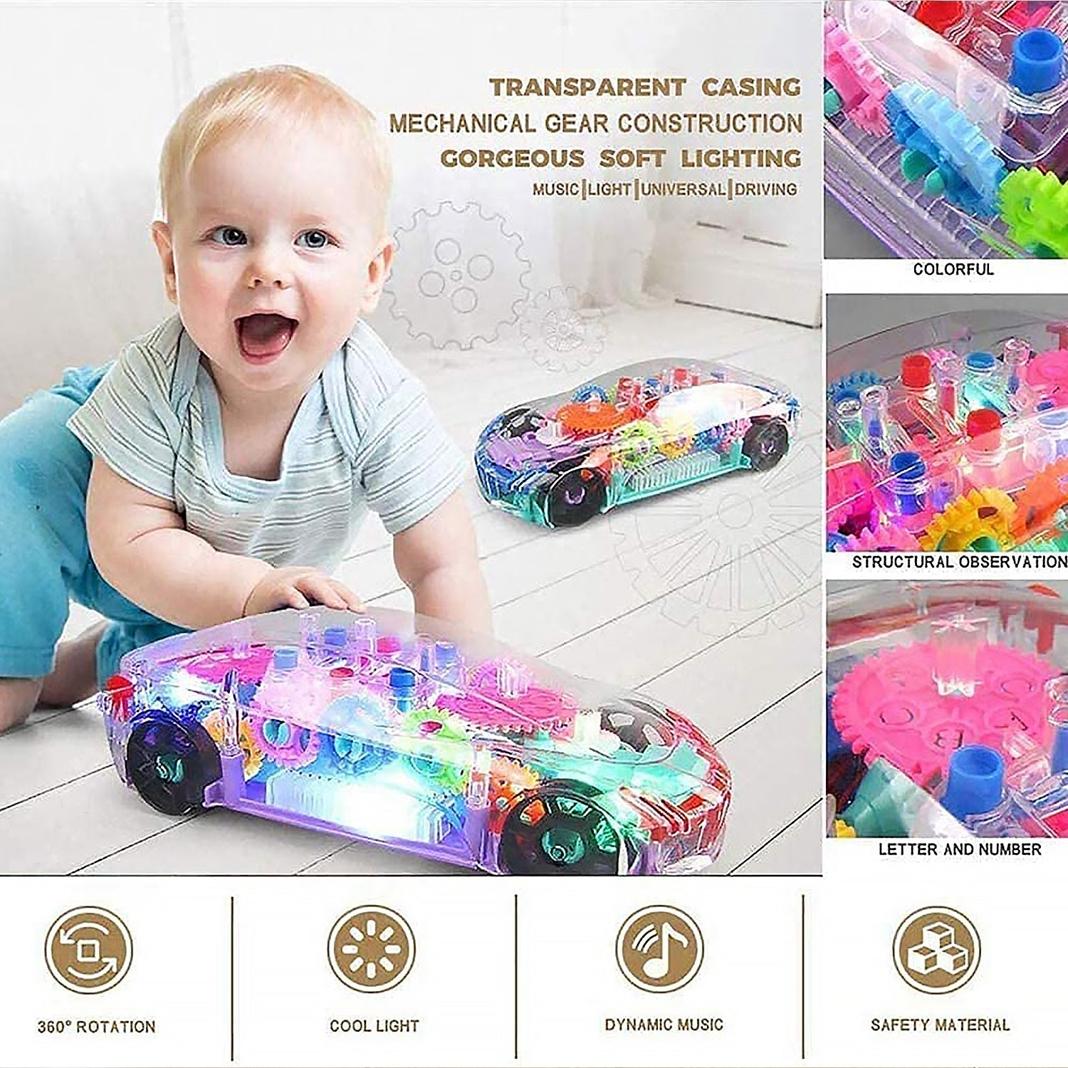 Automatic 360 Degree Rotating Transparent Gear Concept Car with Musical and 3D Flashing Lights Toy for Kids Boys & Girls (Multicolor / Battery Not Included) - Bhavnagar Deodap