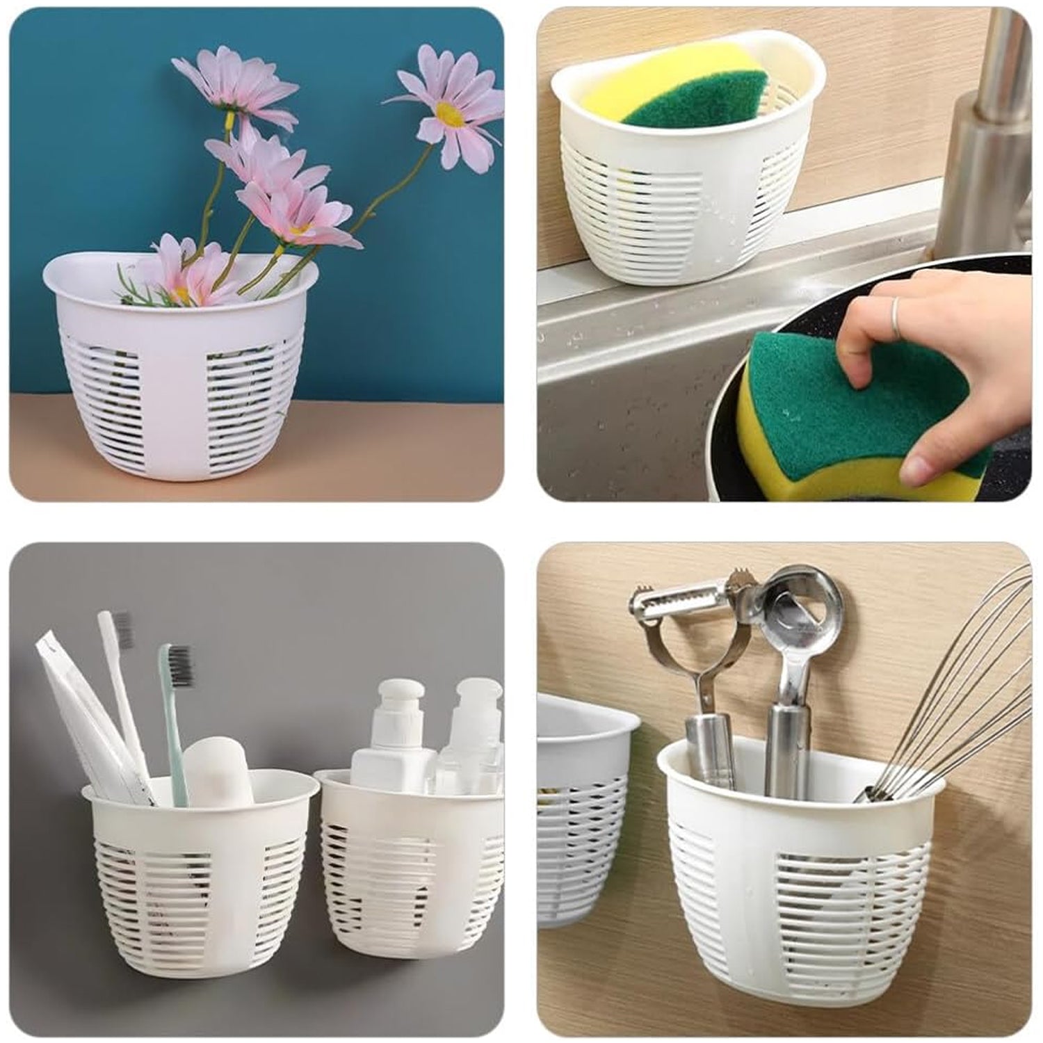 Hanging Plastic Storage Basket, Adhesive Wall Mounted Organizer Box Make Up Holder Shelf Bathroom Wall Basket Punch Free Drain Basket for Kitchen Bathroom, Wall Type Storage Basket (1 Pc) - Bhavnagar Deodap