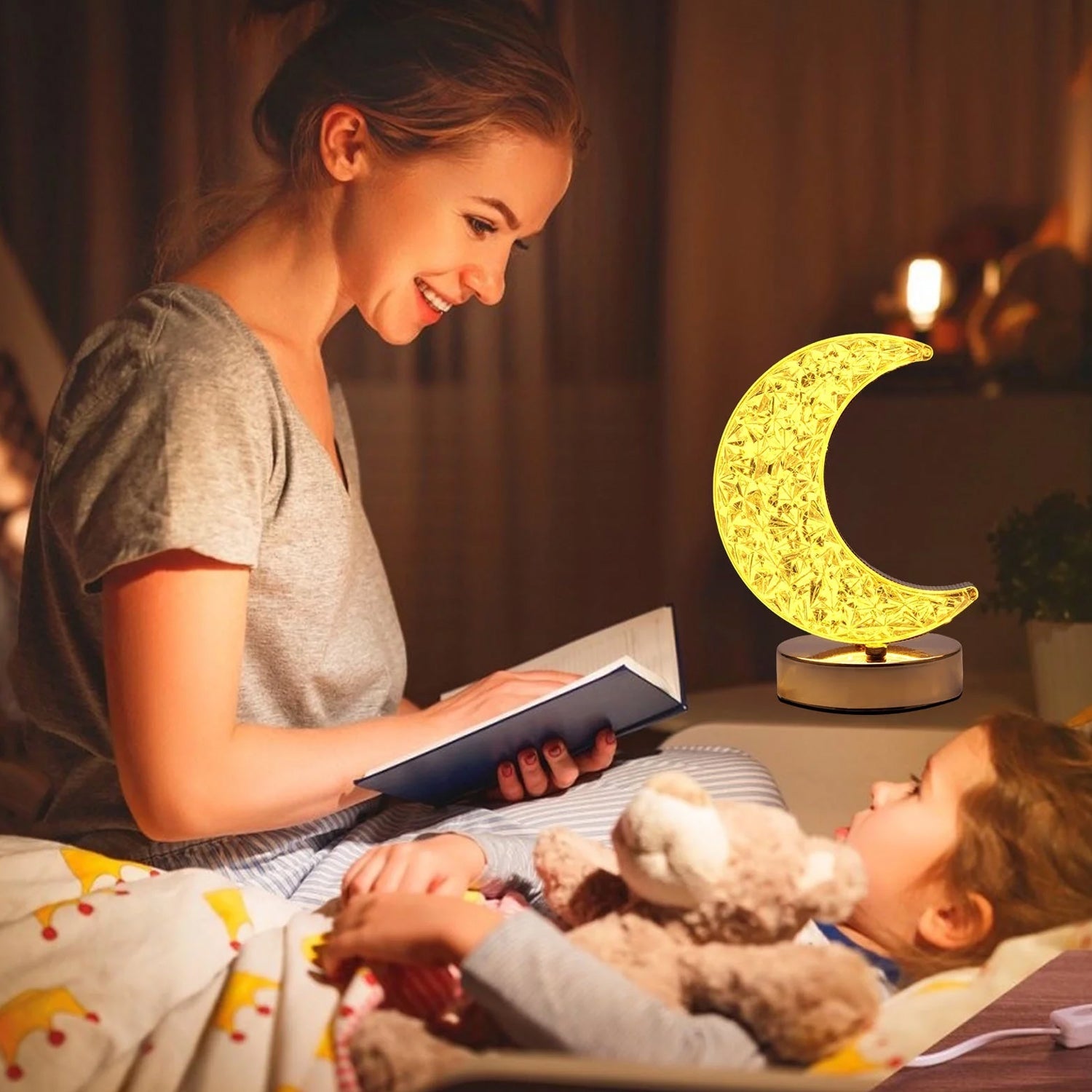 Crystal Table Lamp | Moon Shape Touch Control Lamp with 3 Color | Metal Bedside Lamp for Kids Bedroom Romantic Desktop Nightstand | Stepless Dimming USB Charging Touch Night Light - Bhavnagar Deodap