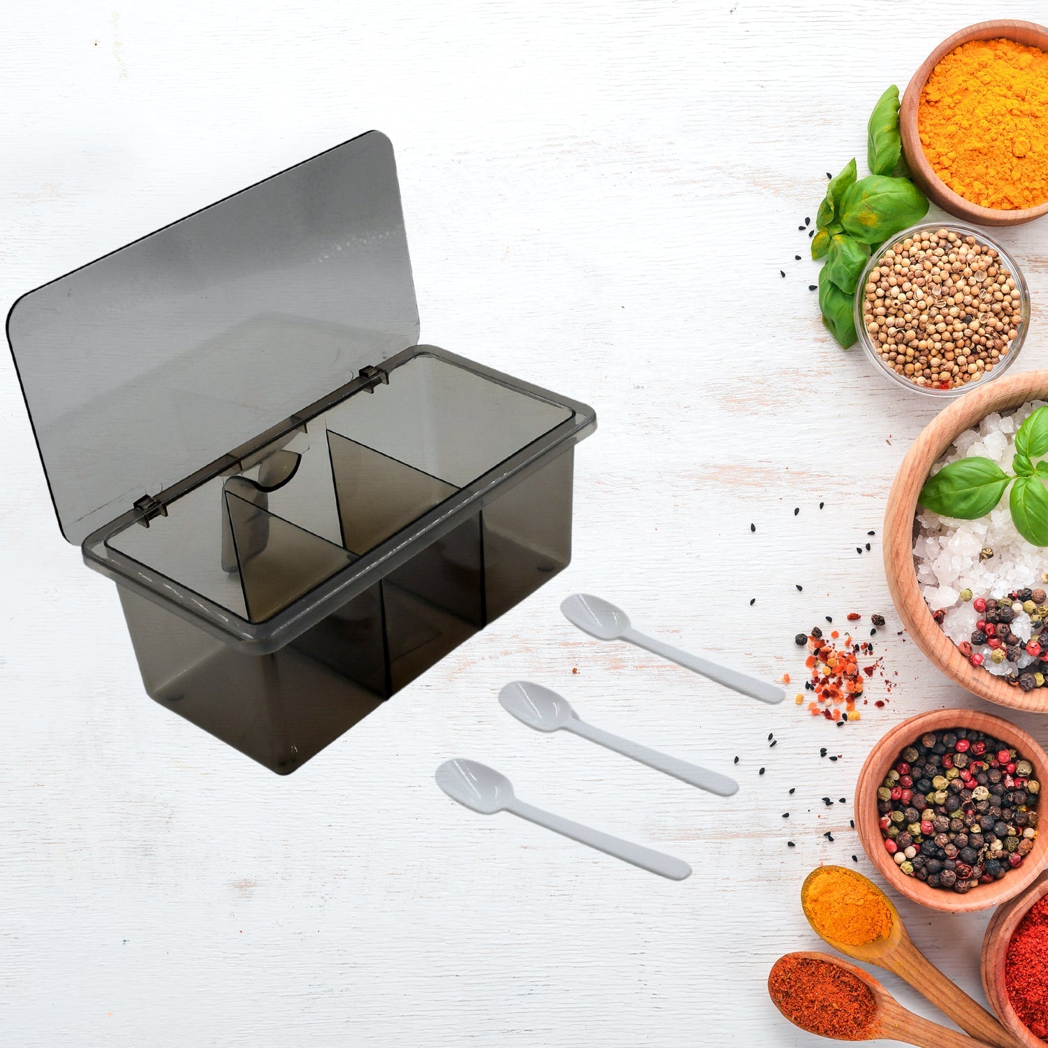 Seasoning Box, Portable Durable 3 Divided Sections with Lid Spice Box Serving Set, for Bars, Restaurants Coffee Shops, Hotels - Bhavnagar Deodap