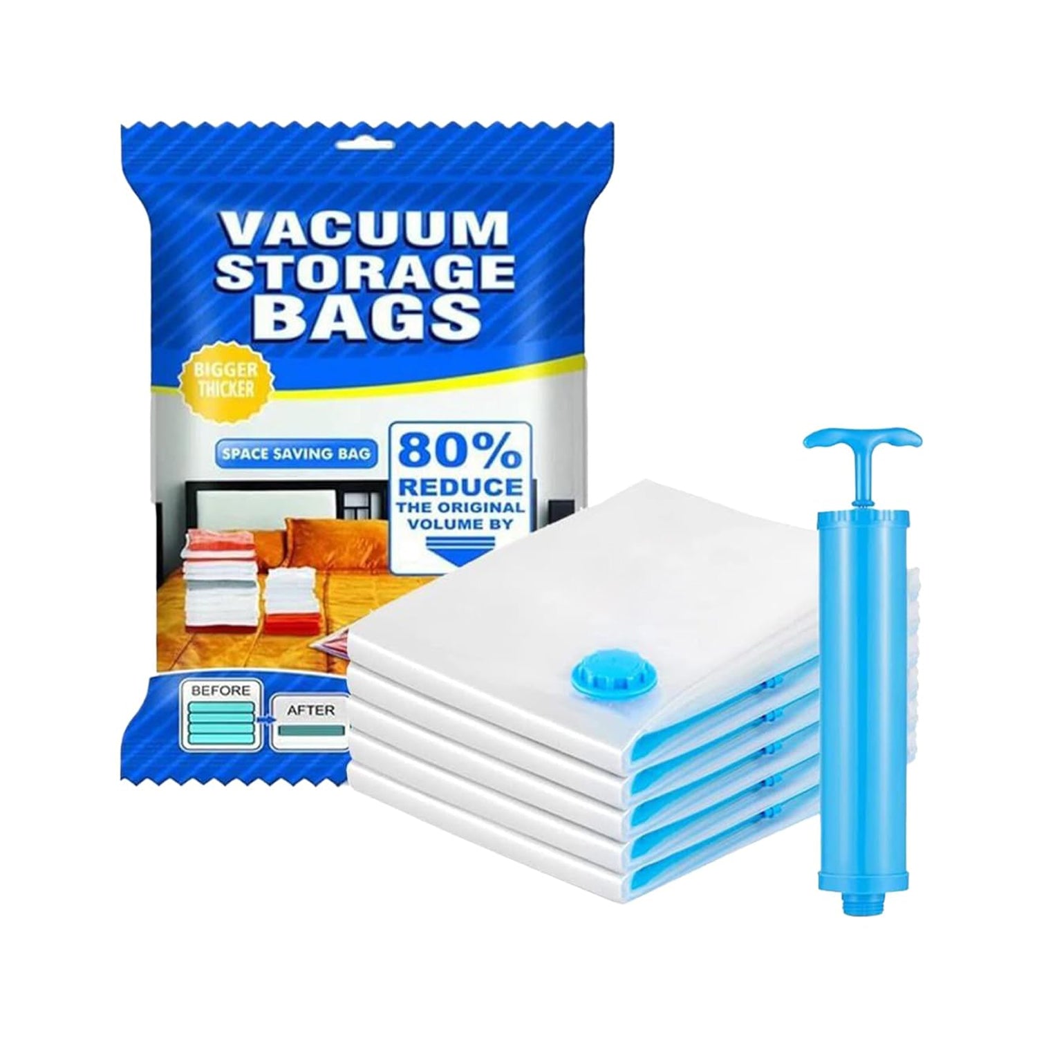 Vacuum Storage Bags with Suction Pump & Shirt clips - Vacuum Bags - Big Capacity Vacuum Seal Bags for Travel Clothes Blankets Pillows, Compression Bags | Space Saver Vacuum Storage Bags (5 Pcs Set) - Bhavnagar Deodap