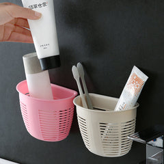 Hanging Plastic Storage Basket, Adhesive Wall Mounted Organizer Box Make Up Holder Shelf Bathroom Wall Basket Punch Free Drain Basket for Kitchen Bathroom, Wall Type Storage Basket (1 Pc) - Bhavnagar Deodap