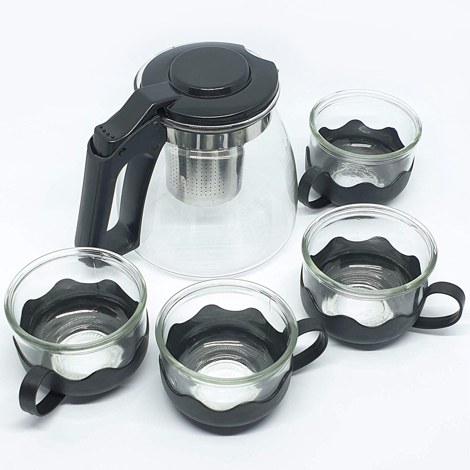 Flame Proof Glass Kettle & Cup Set With Strainer High Quality Kettle Set For Home & Café Use  (4 Cup & 1 Kettle) (24 Pc MOQ) - Bhavnagar Deodap