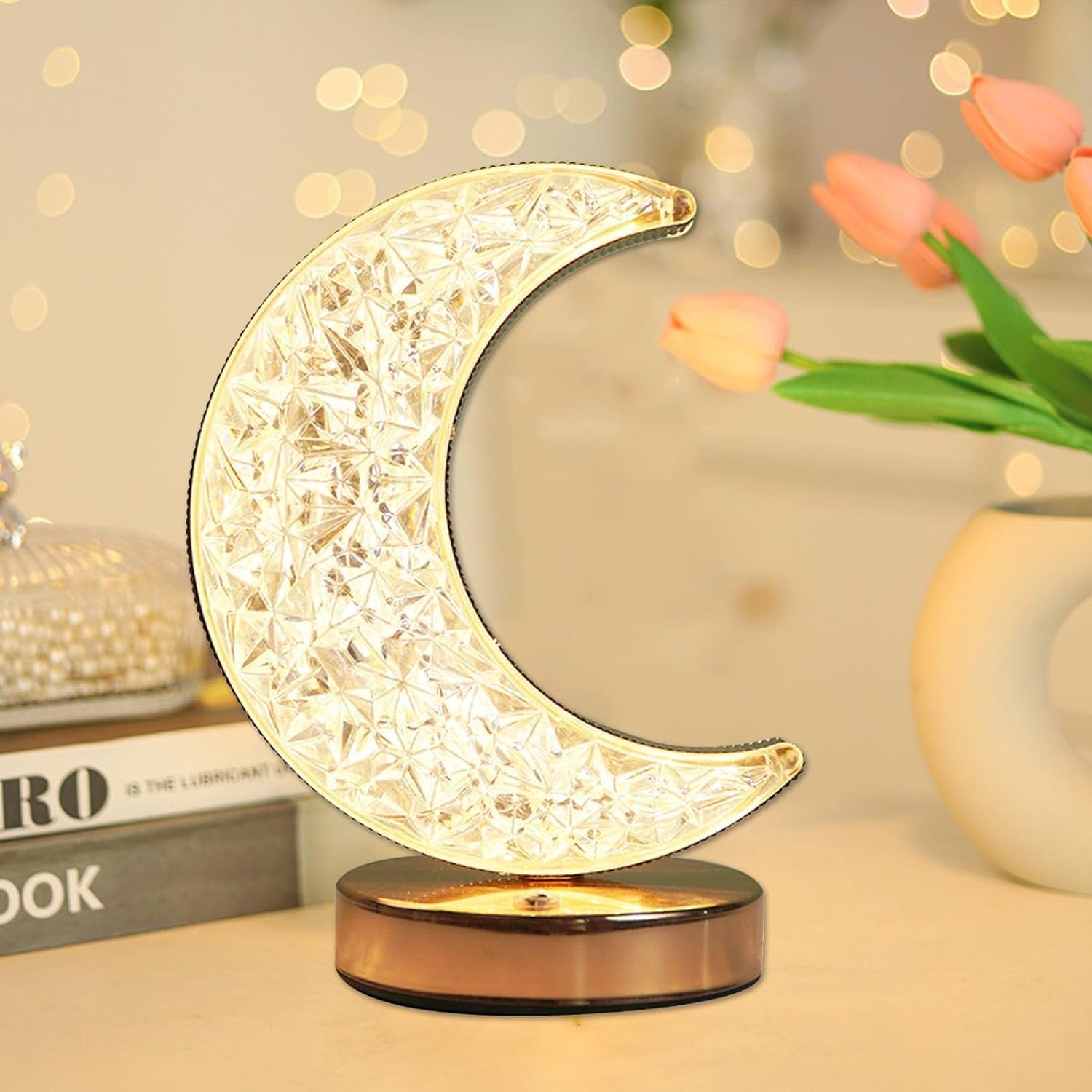 Crystal Table Lamp | Moon Shape Touch Control Lamp with 3 Color | Metal Bedside Lamp for Kids Bedroom Romantic Desktop Nightstand | Stepless Dimming USB Charging Touch Night Light - Bhavnagar Deodap