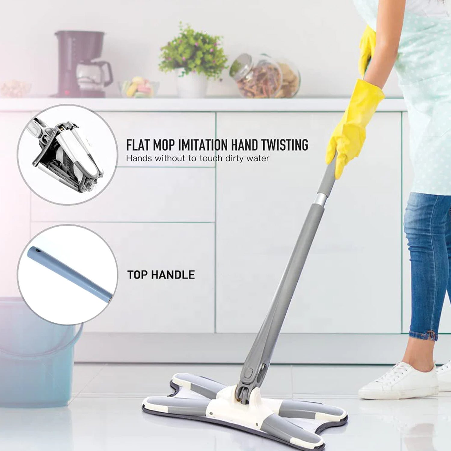 Adjustable 360° Flat Hand Mop: Floors, Walls, Ceilings (Easy Squeeze) - Bhavnagar Deodap